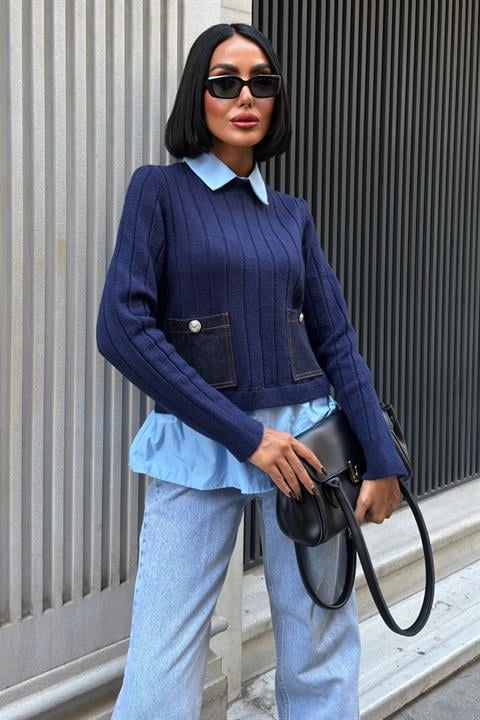 Poplin ve Denim Garnili Triko Kazak 1374 LACİVERT STD