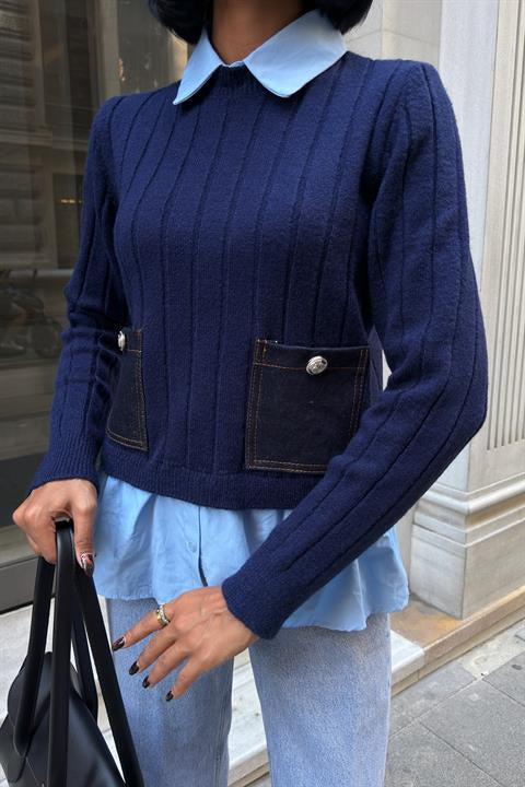 Poplin ve Denim Garnili Triko Kazak 1374