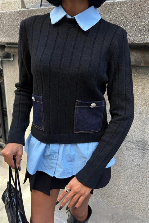 Poplin ve Denim Garnili Triko Kazak 1374