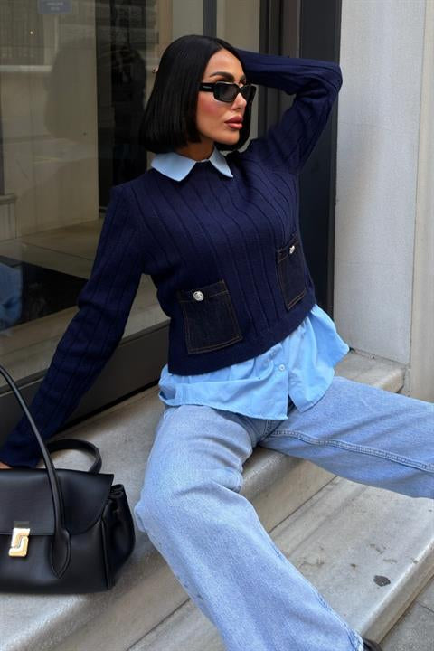 Poplin ve Denim Garnili Triko Kazak 1374
