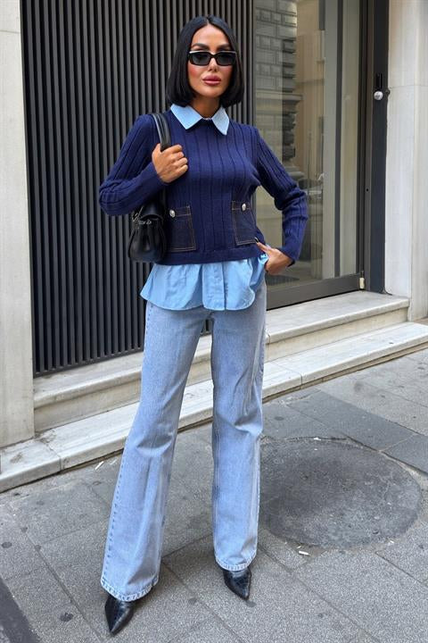 Poplin ve Denim Garnili Triko Kazak 1374