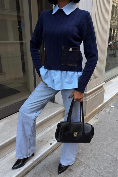 Poplin ve Denim Garnili Triko Kazak 1374