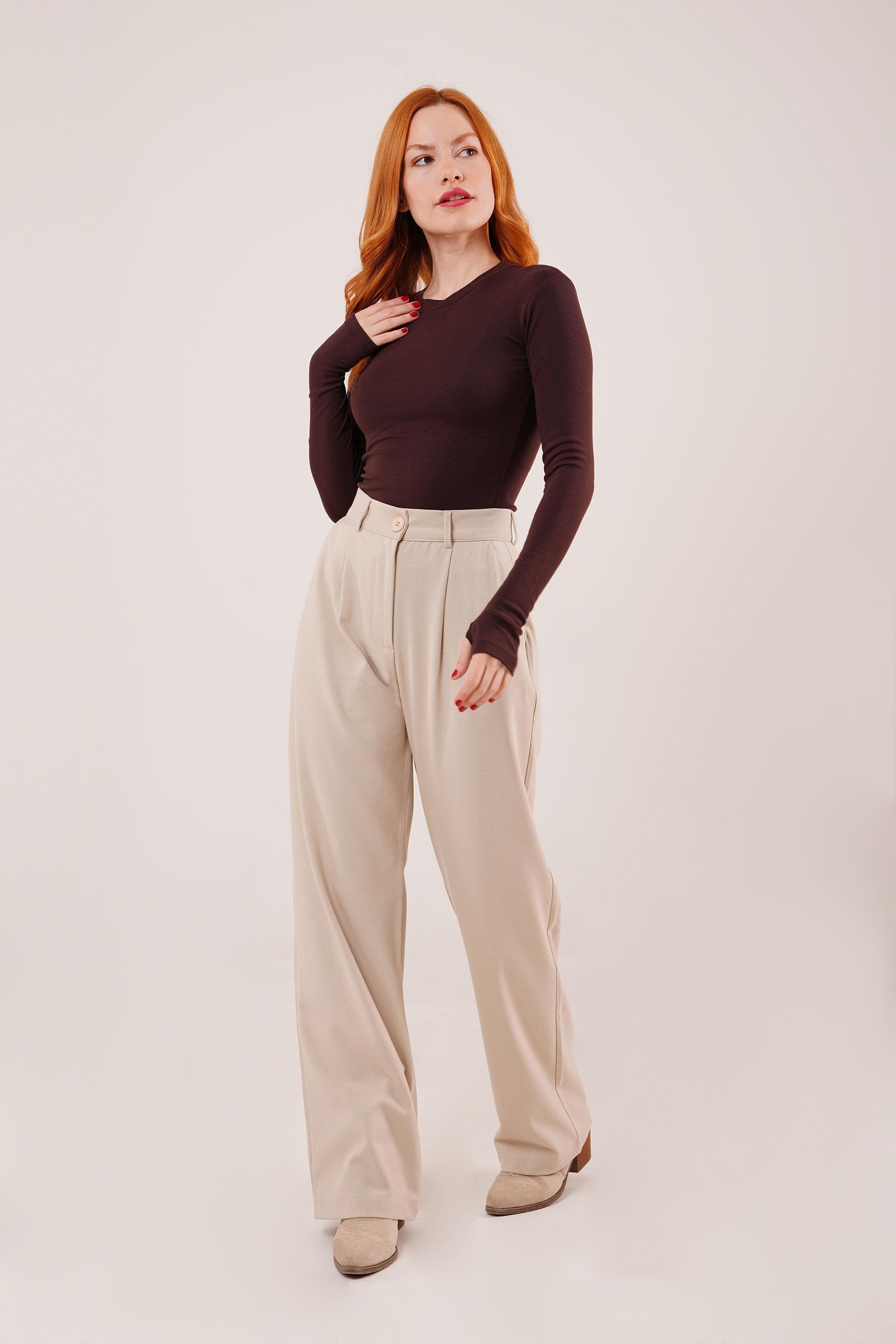 Premium Model Oturtmalı Toptan Krem Pantolon Krem S