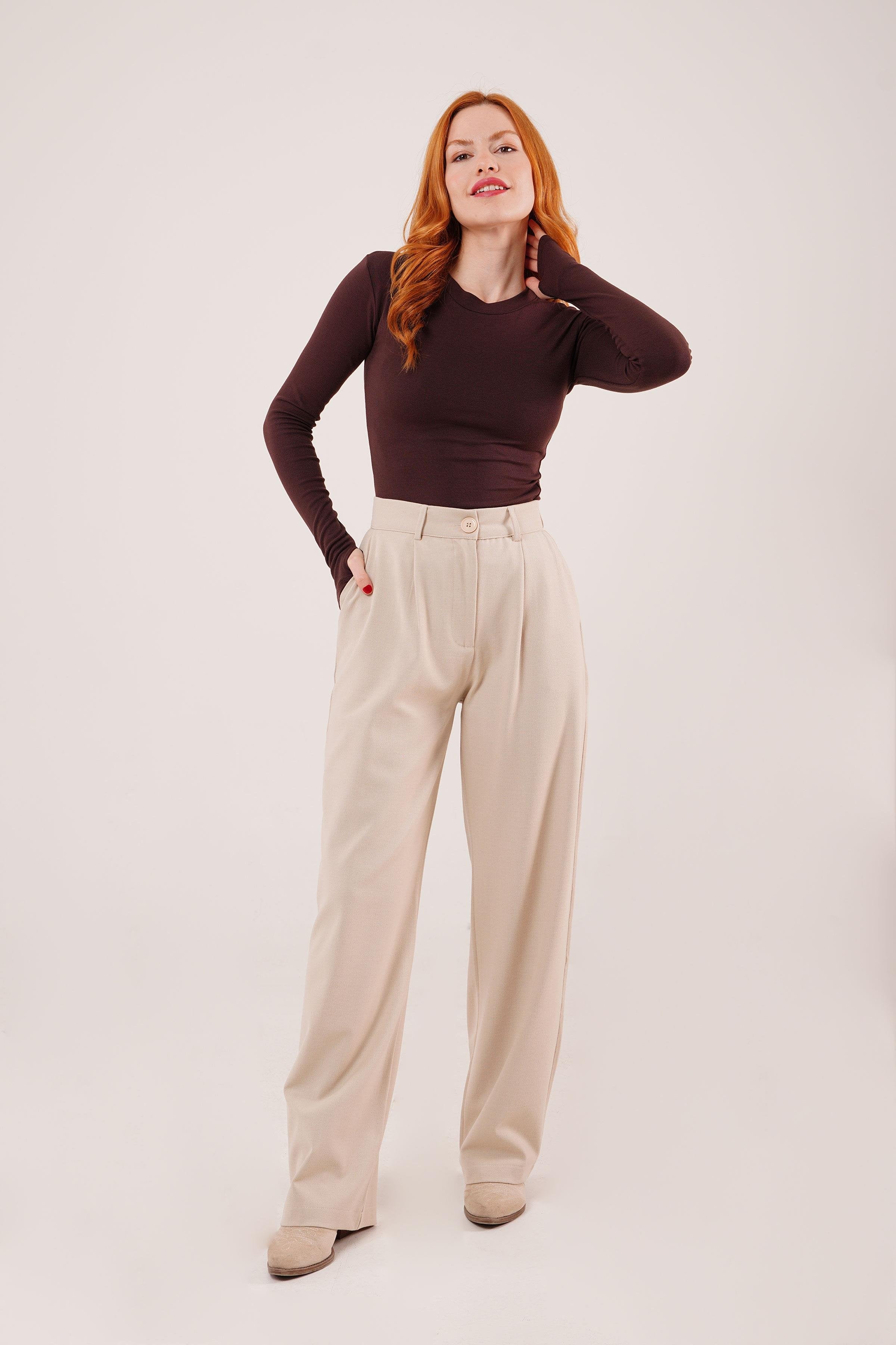 Premium Model Oturtmalı Toptan Krem Pantolon