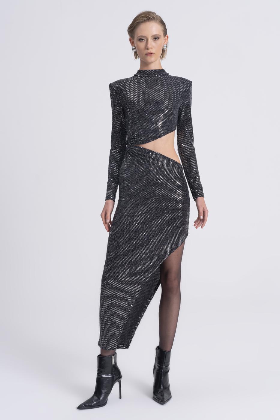 Sequined Deep Slit and Low Waist Midi Dress