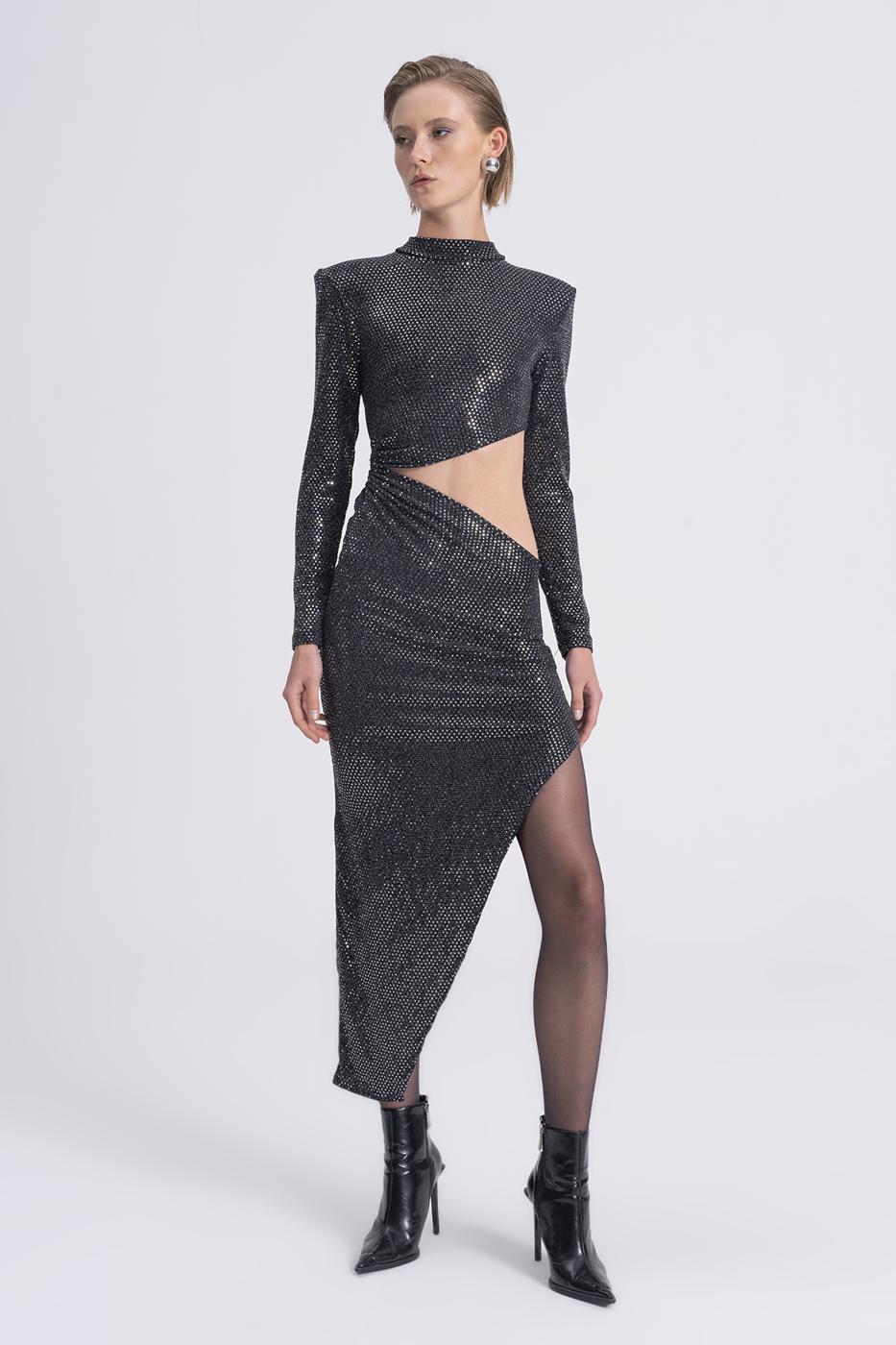 Sequined Deep Slit and Low Waist Midi Dress