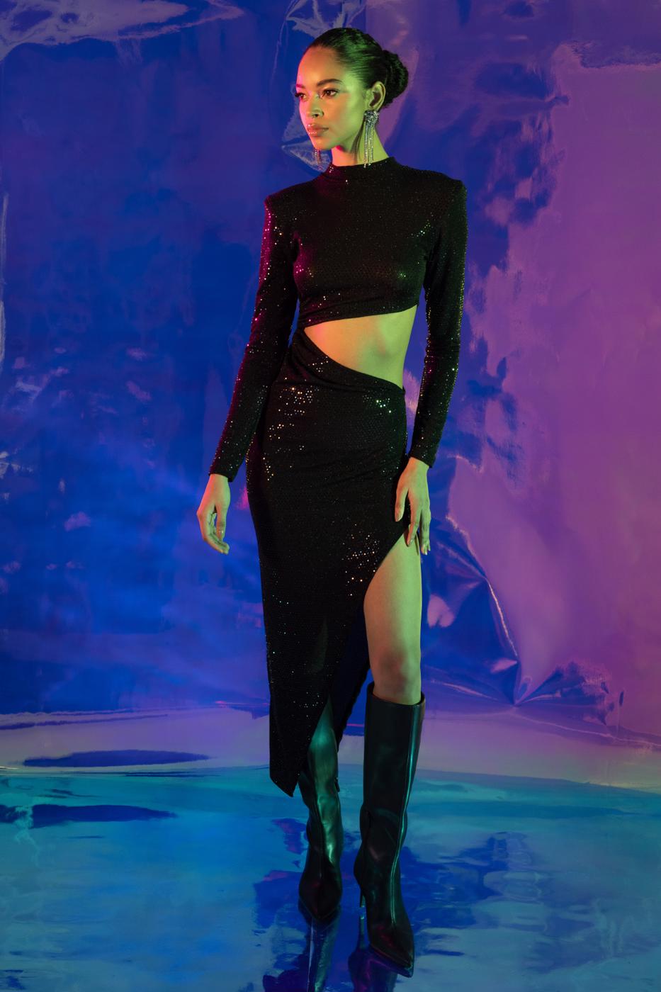 Sequined Deep Slit and Low Waist Midi Dress