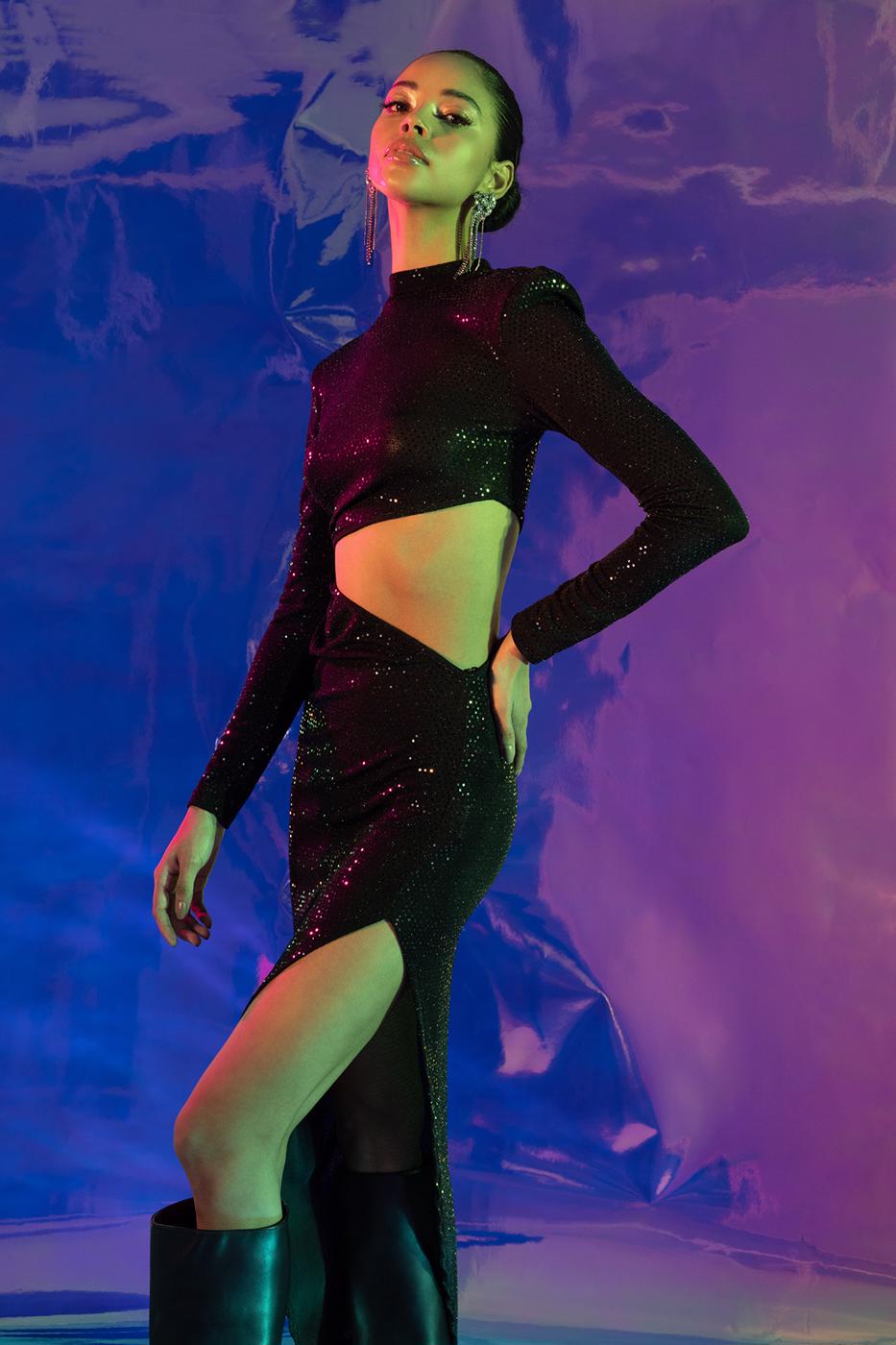 Sequined Deep Slit and Low Waist Midi Dress