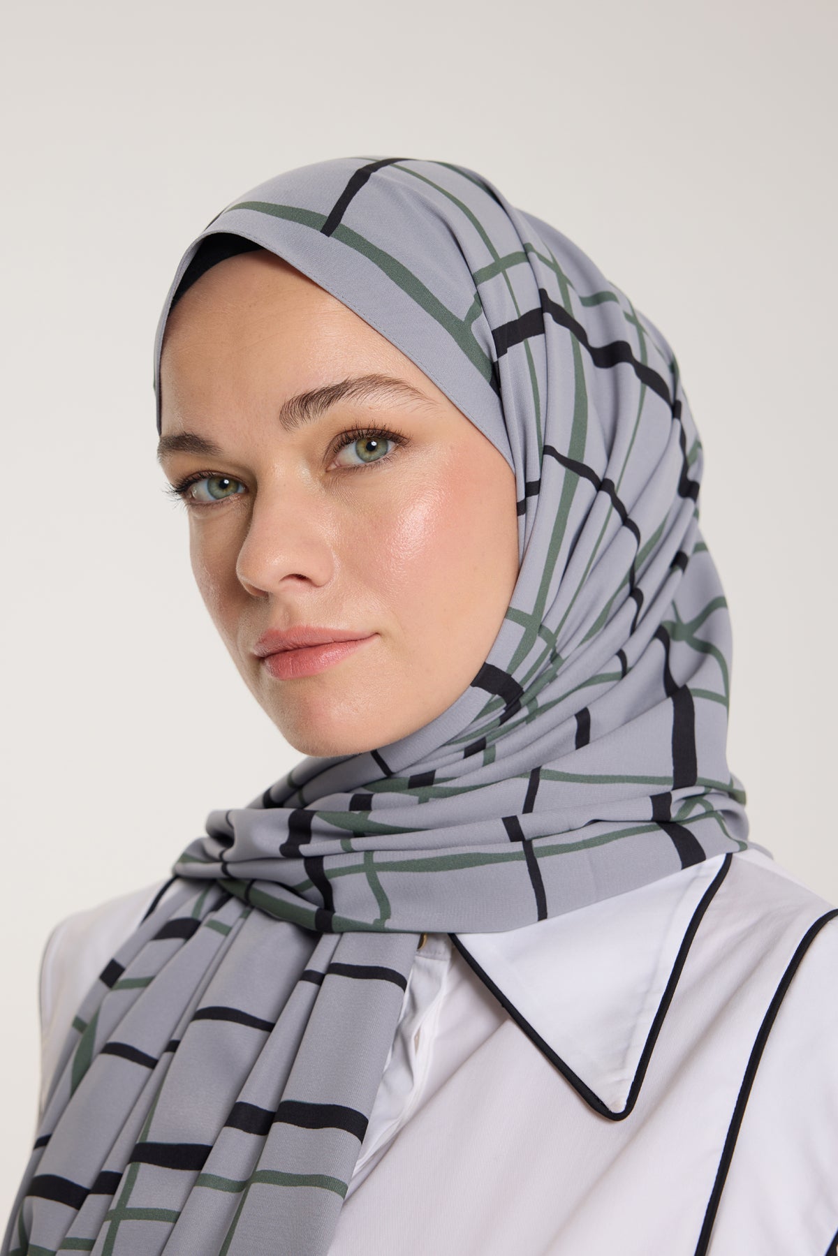 Pure Tone Şal - Kare Desen - Gümüş - Yeşil Laci