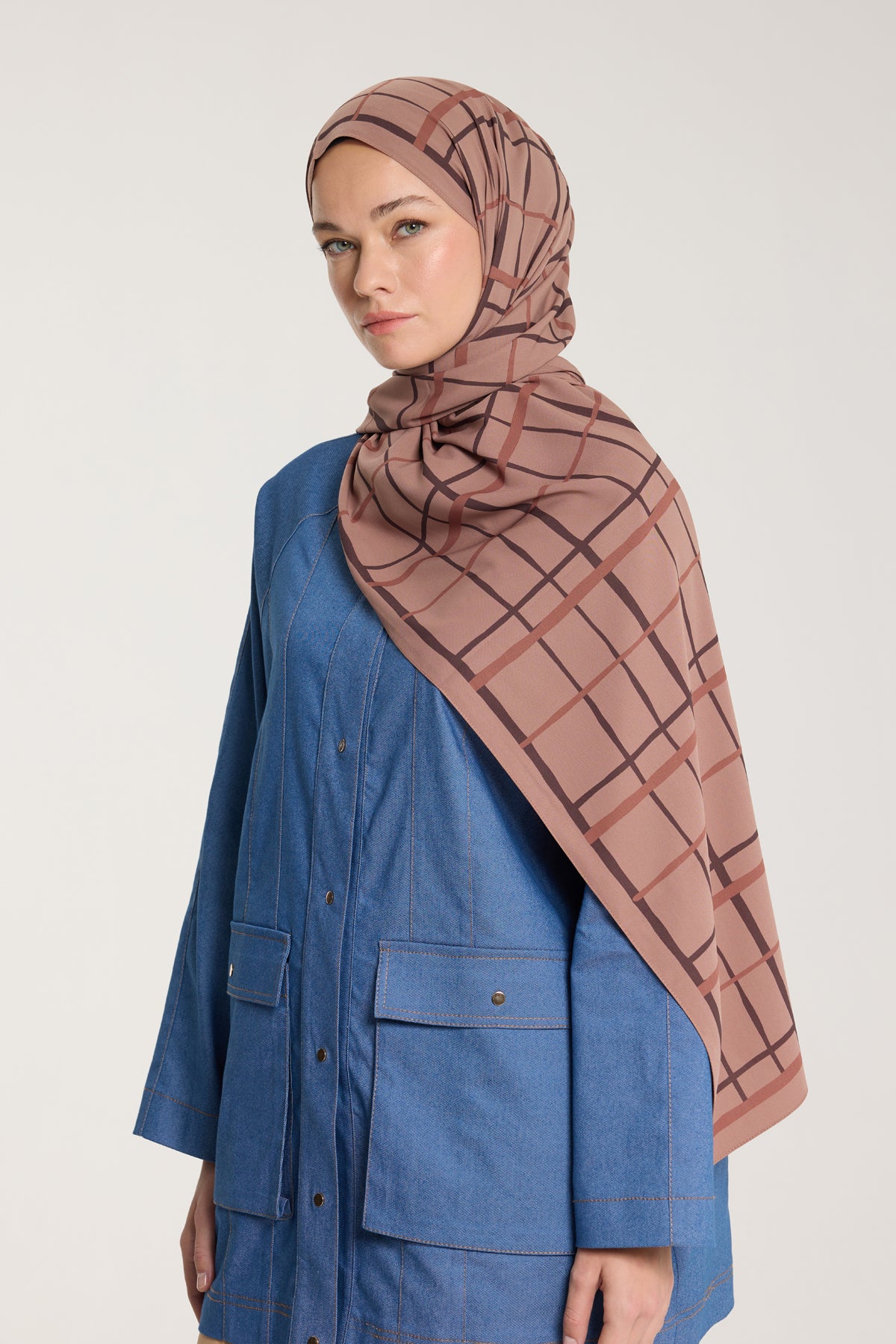 Pure Tone Şal - Kare Desen - Sütlükahve - Kahve