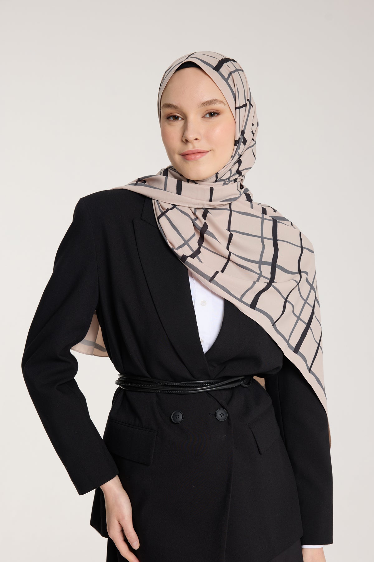 Pure Tone Şal - Kare Desen - Taş - Siyah