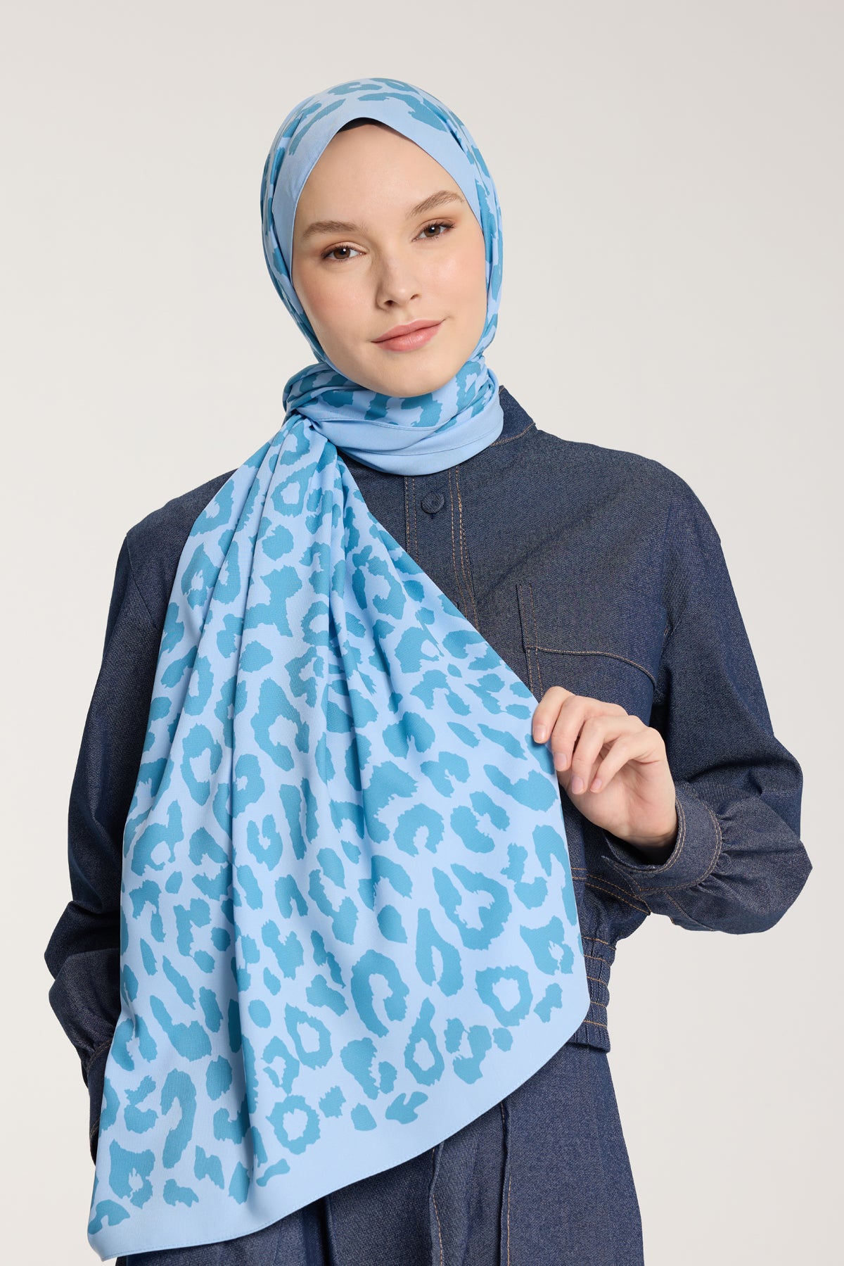 Pure Tone Şal - Leopar Desen - Bebe Mavisi - Mavi