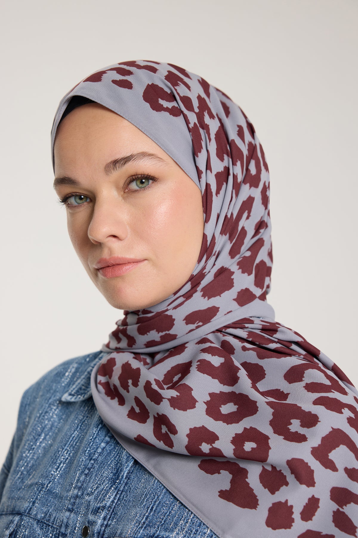 Pure Tone Şal - Leopar Desen - Gümüş - Bordo