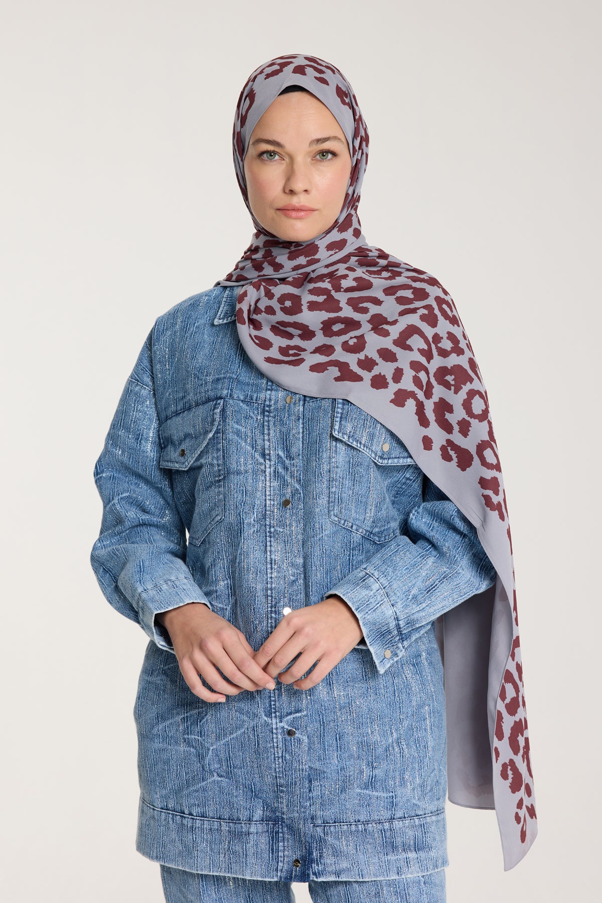 Pure Tone Şal - Leopar Desen - Gümüş - Bordo