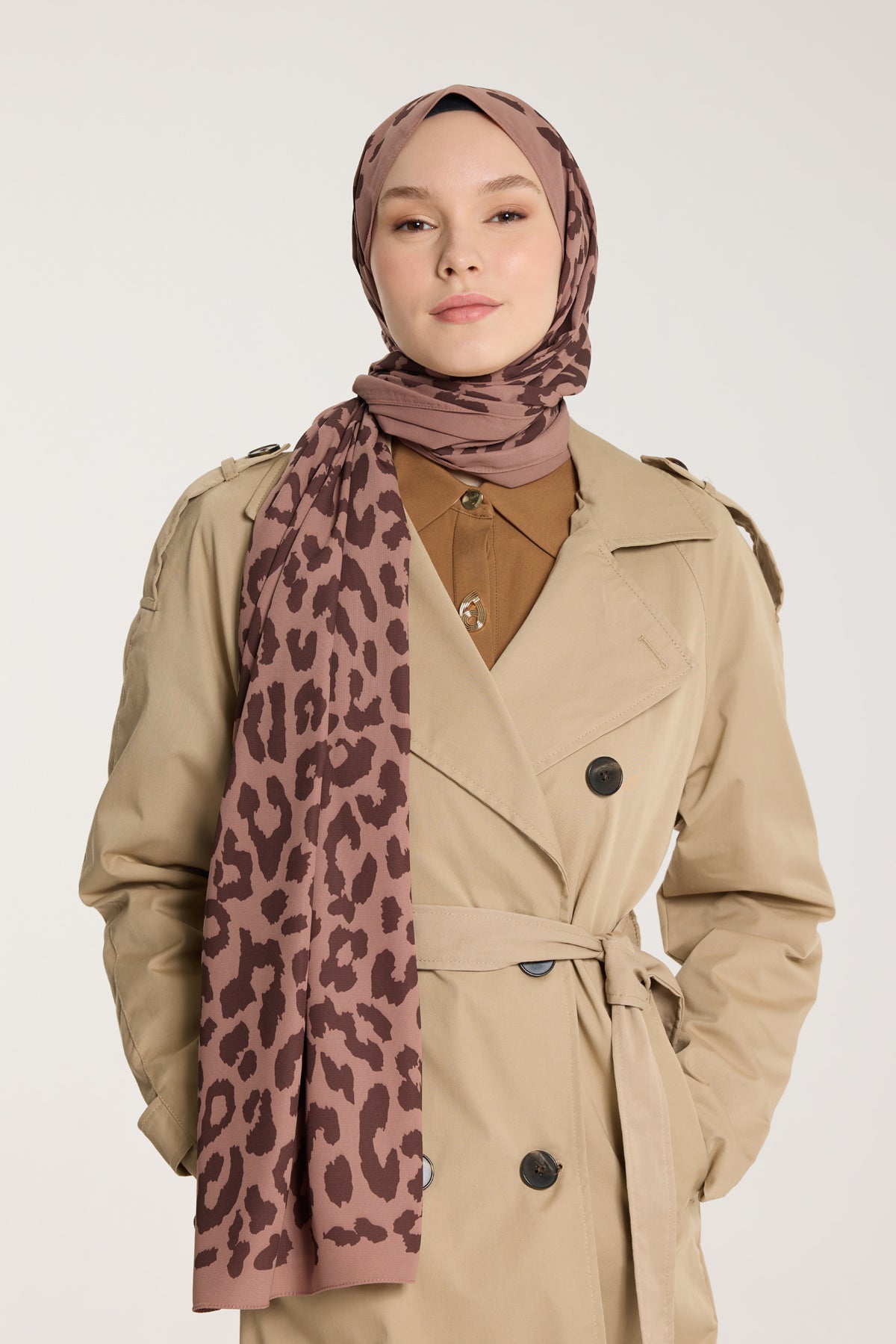 Pure Tone Şal - Leopar Desen - Sütlükahve - Kahve