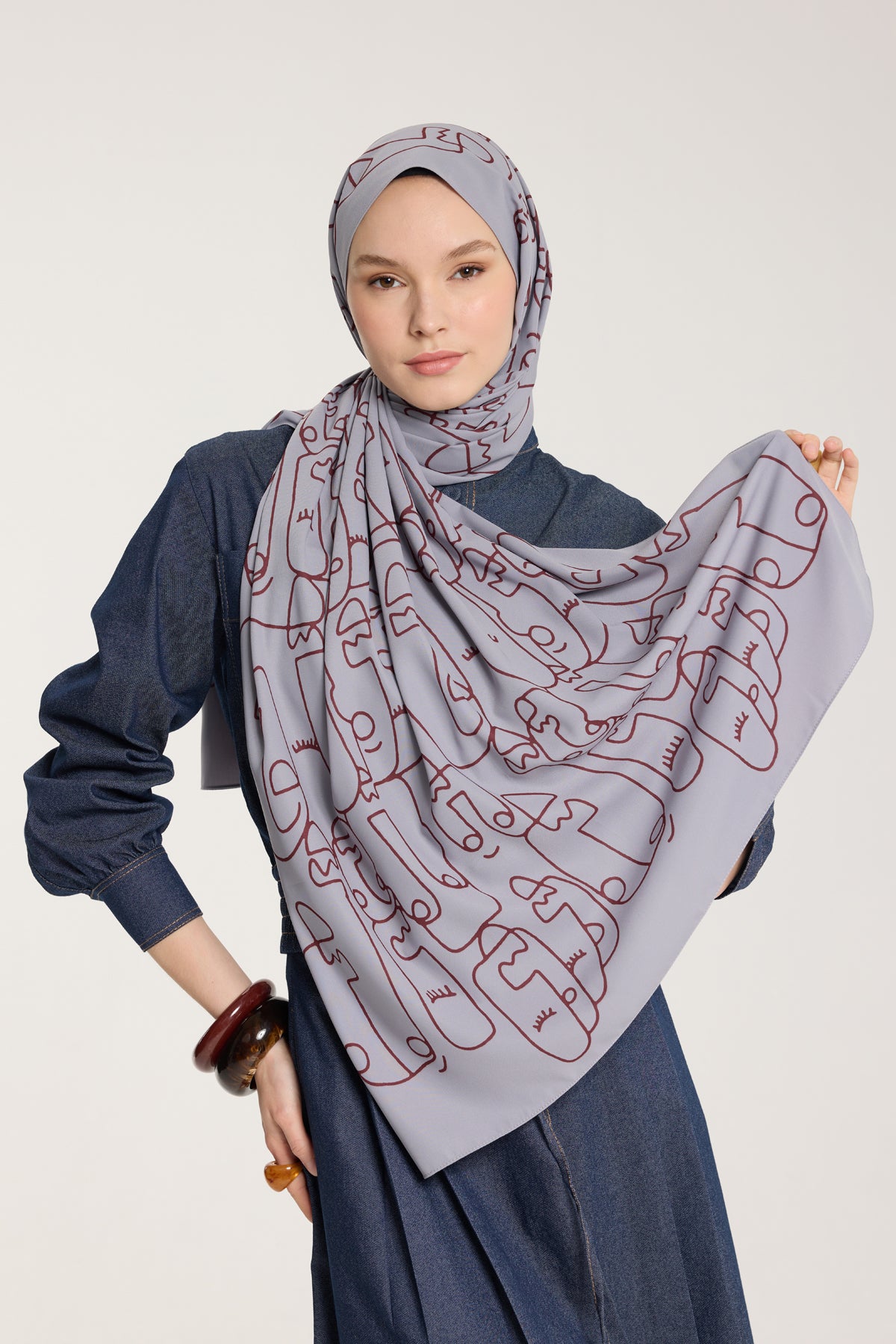 Pure Tone Şal - Marjinal Desen - Gümüş - Bordo