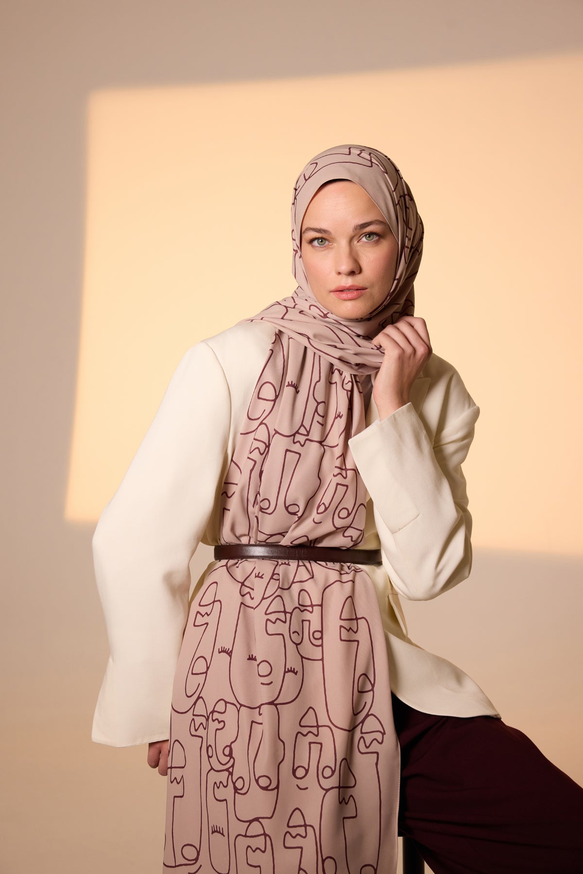 Pure Tone Şal - Marjinal Desen - Latte - Çikolata