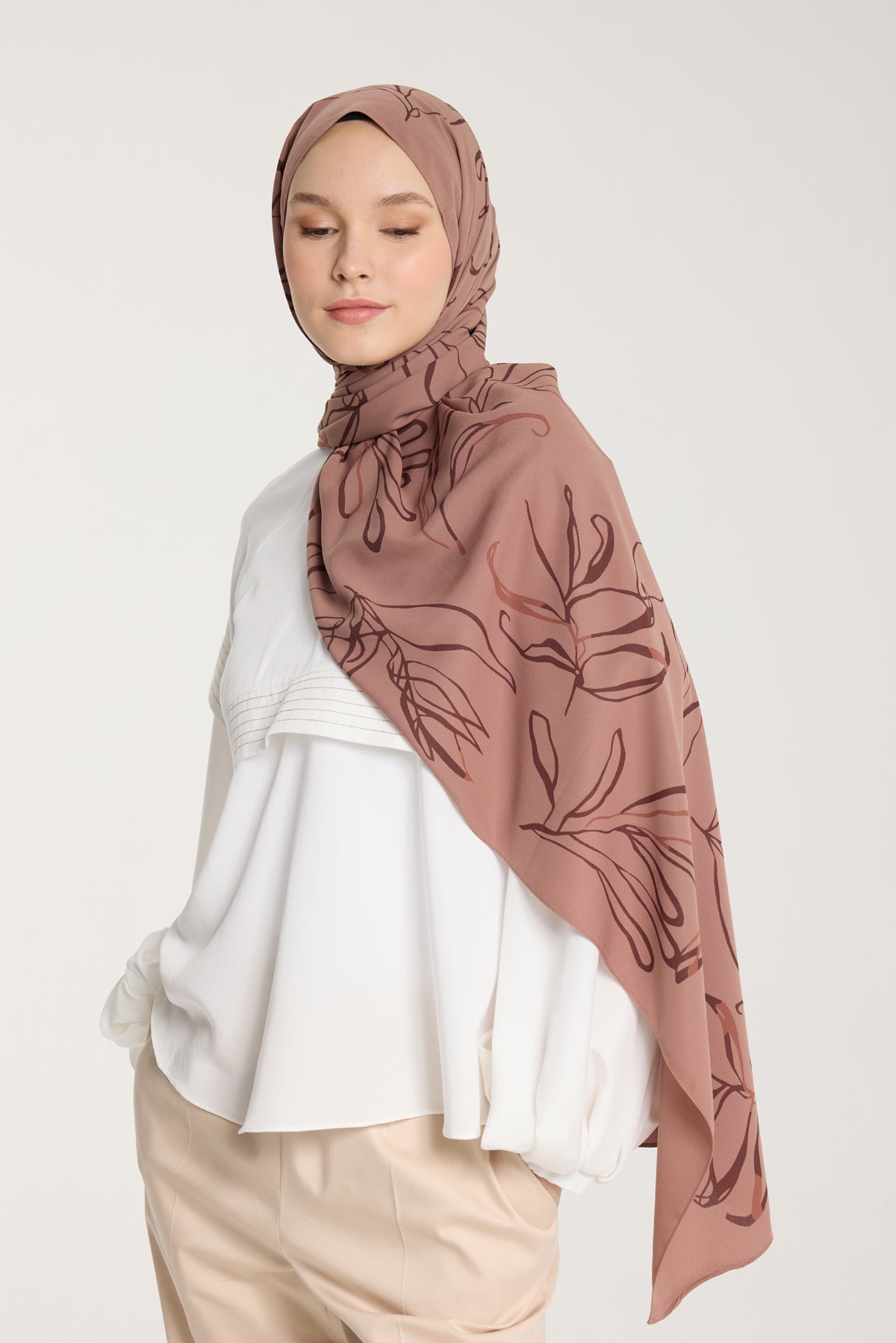 Pure Tone Şal - Yaprak Desen - Sütlükahve- Kahve