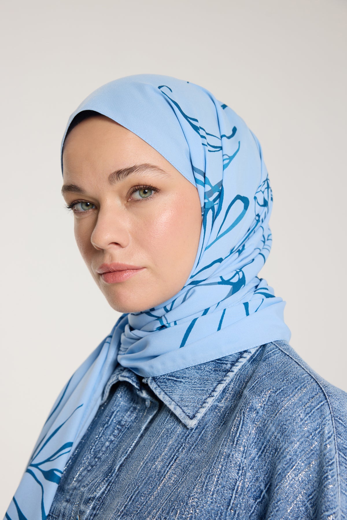 Pure Tone Şal - Yaprak Desen - Bebe Mavisi - Mavi