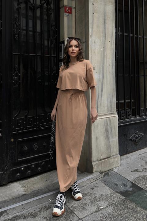 Rachel Crop Top Etek Takım 9781 08 BEJ L