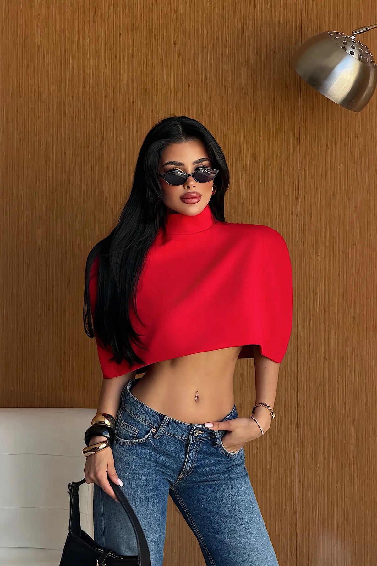 Kırmızı Fermuar Detay Crop Top