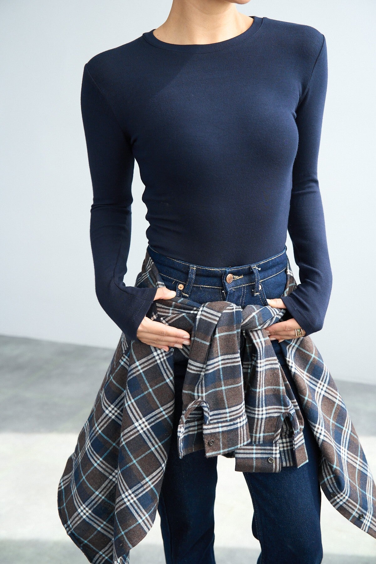 Navy Blue Ribbed Long Sleeve Blouse