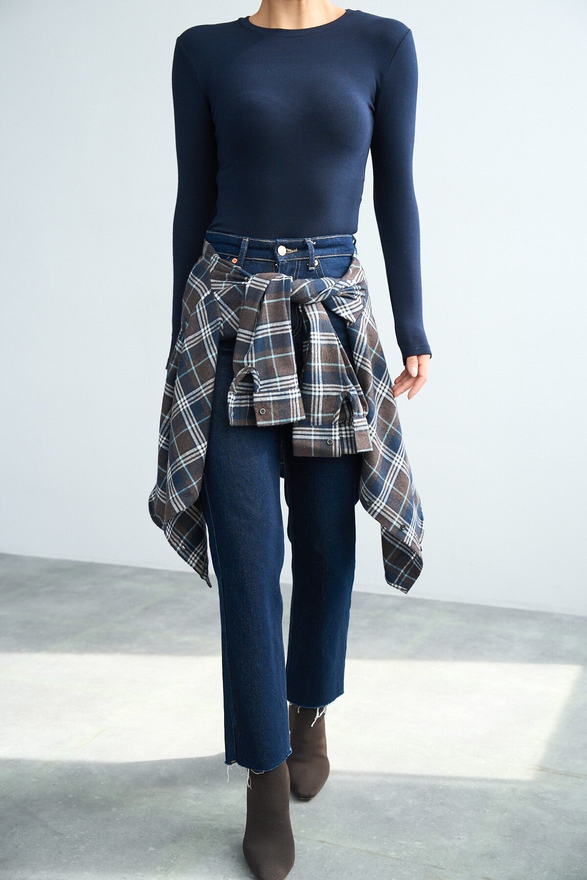 Navy Blue Ribbed Long Sleeve Blouse