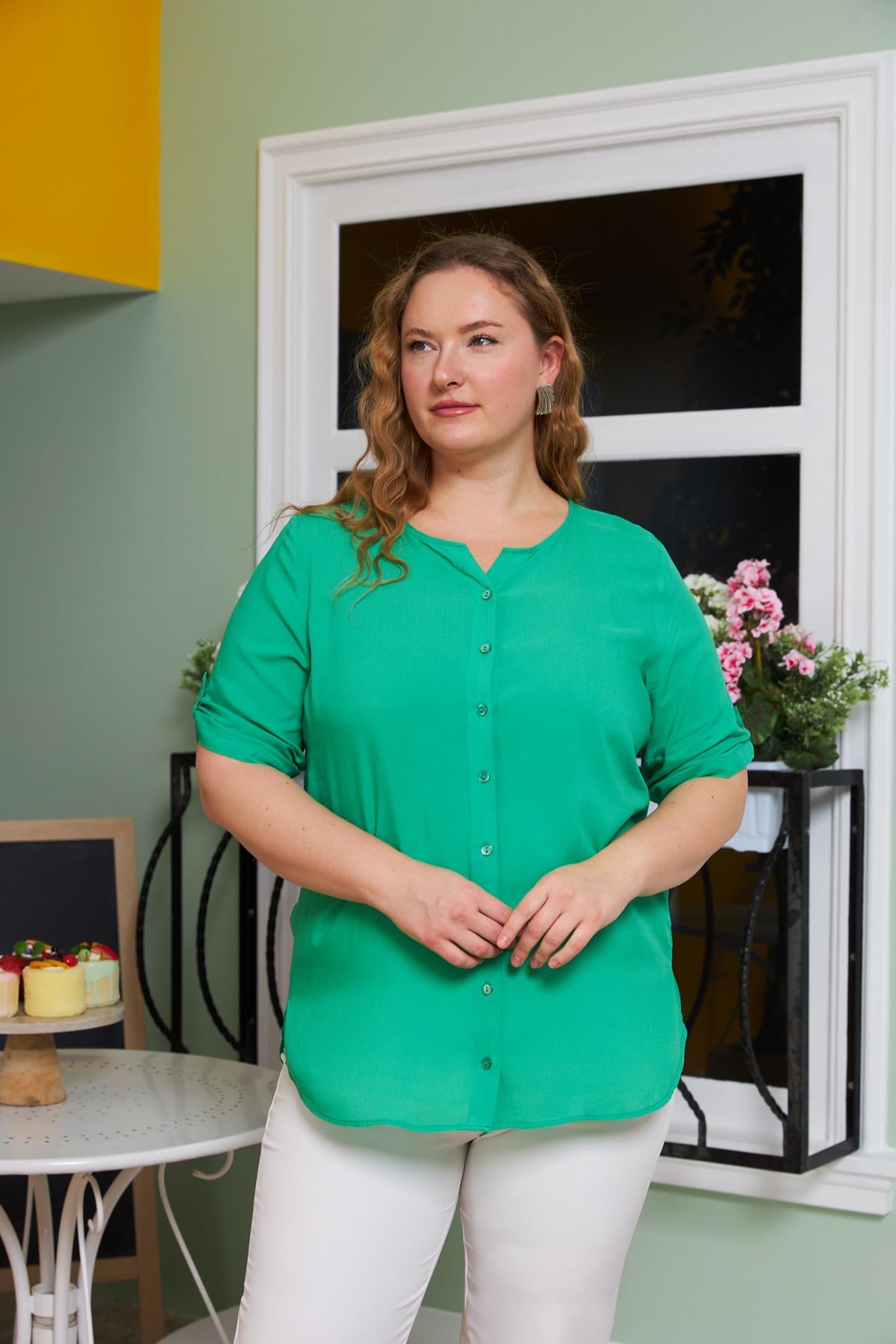 Green V-Neck Viscose Plus Size Shirt with Arm Detail