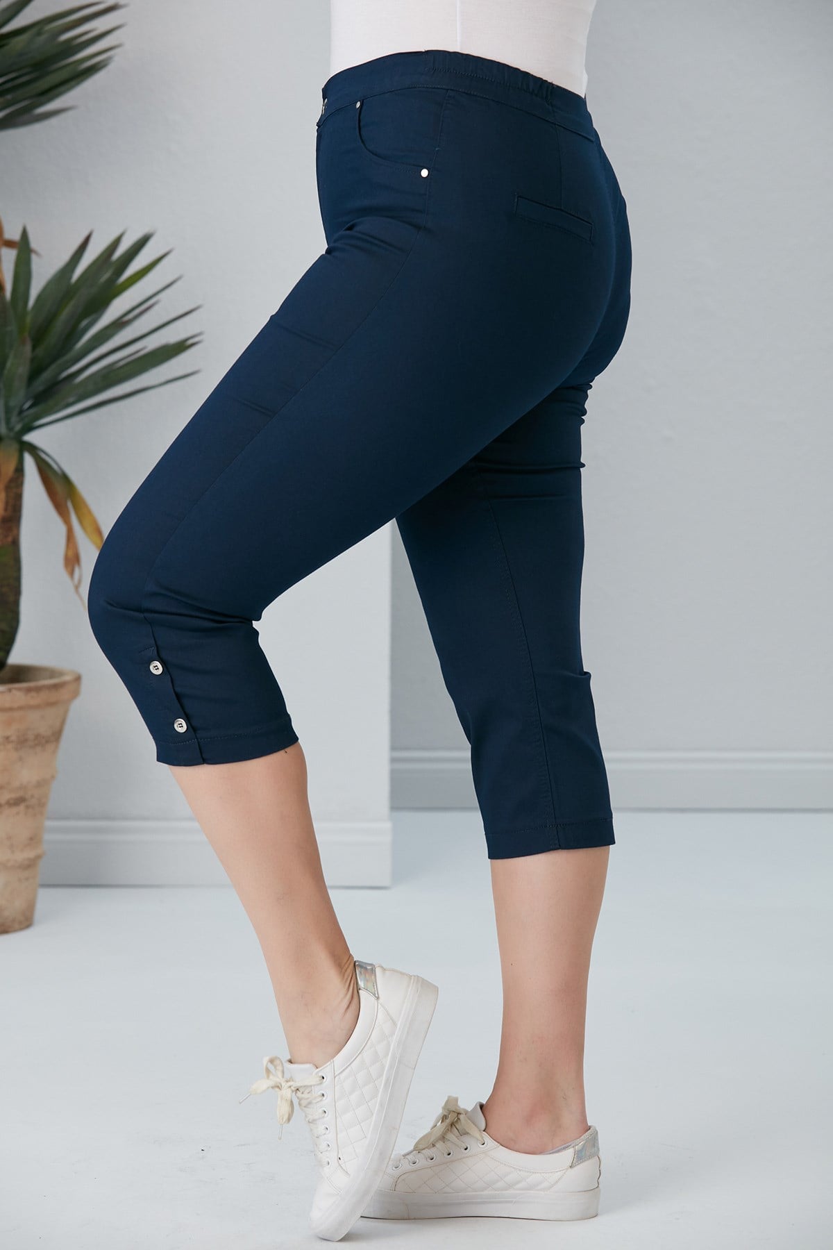 Plus Size Navy Capri with Hem Button Detail