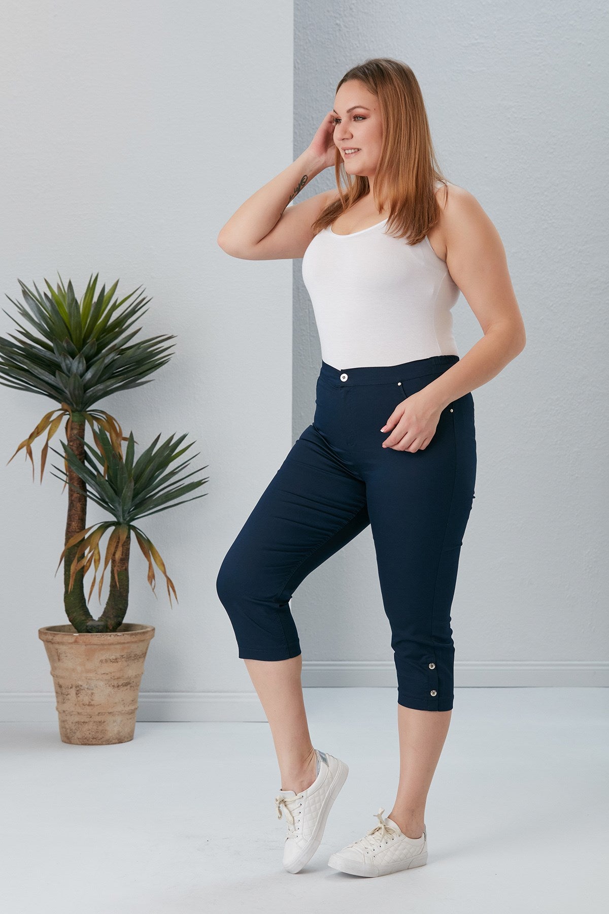 Plus Size Navy Capri with Hem Button Detail