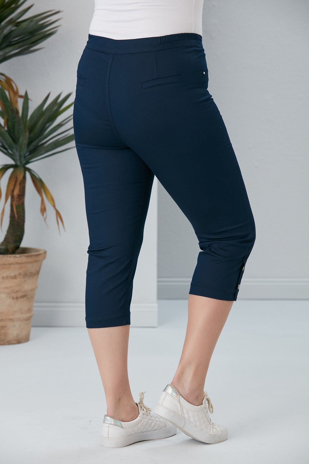 Plus Size Navy Capri with Hem Button Detail