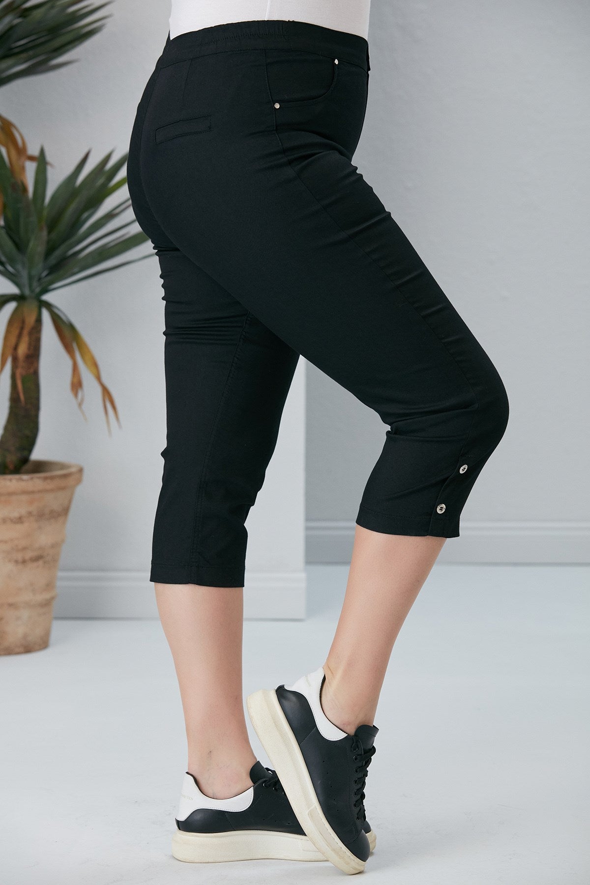 Plus Size Black Capris with Hem Button Detail
