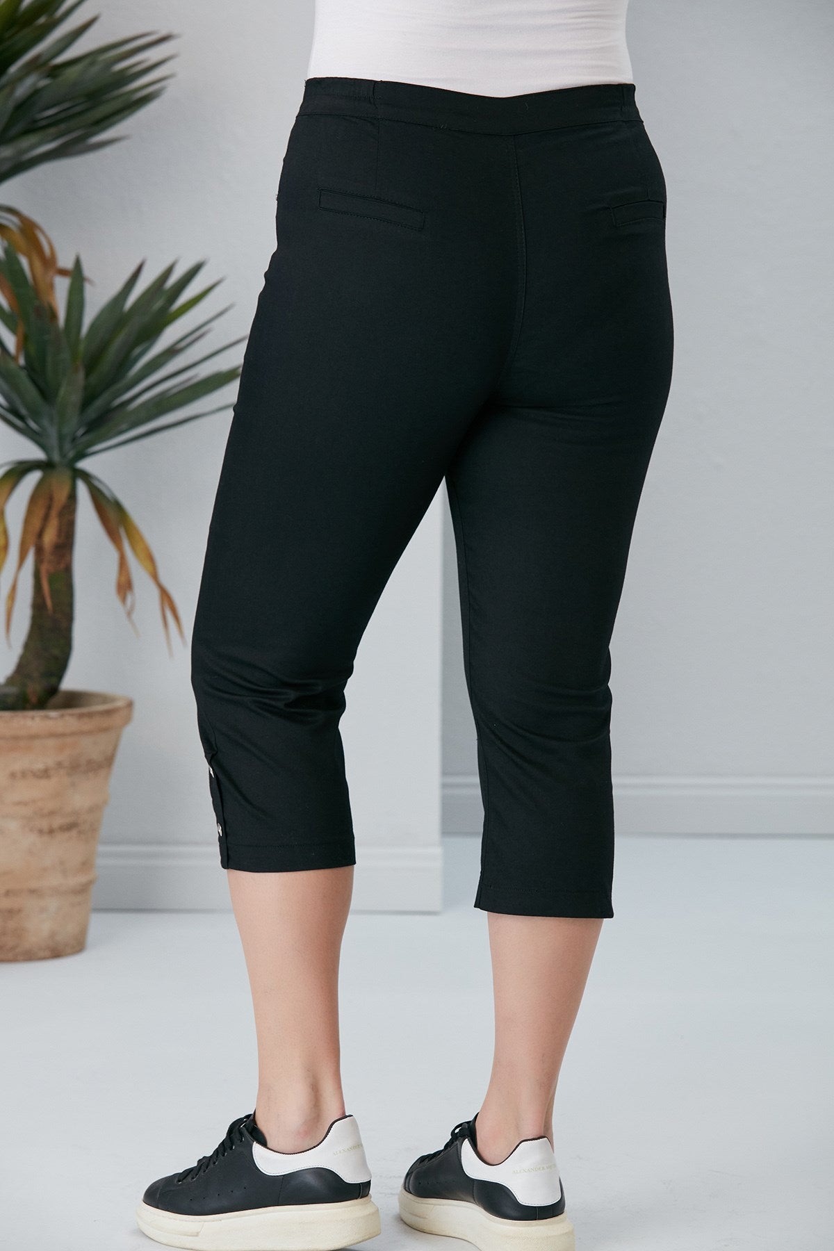 Plus Size Black Capris with Hem Button Detail