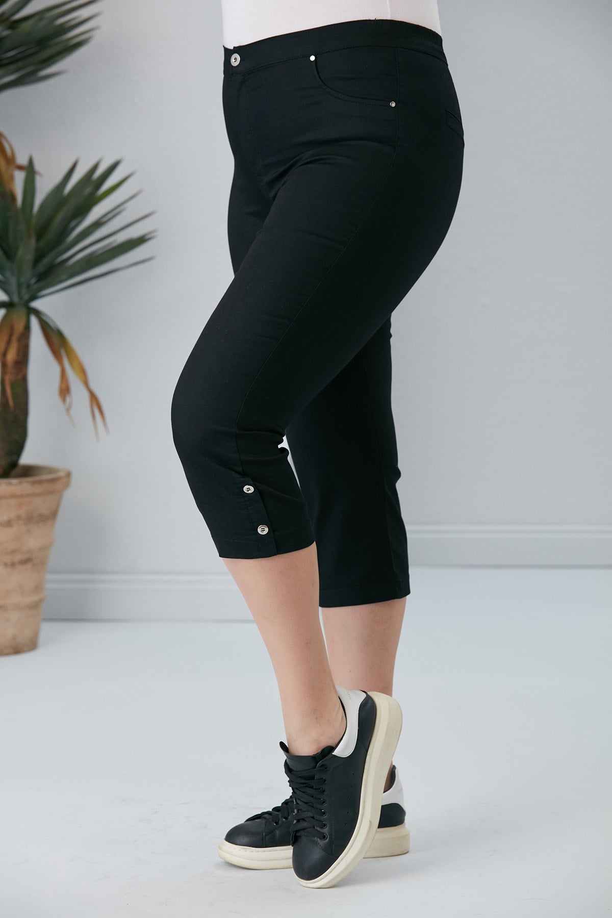 Plus Size Black Capris with Hem Button Detail