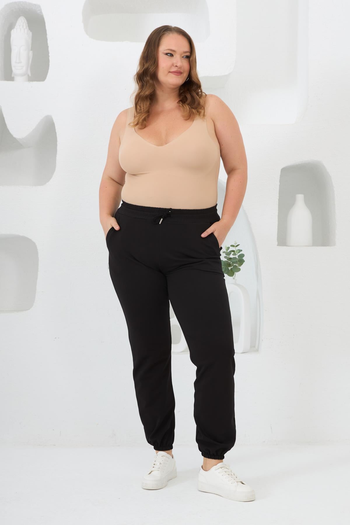 Plus Size Black Sweatpants with Elasticized Cuffs