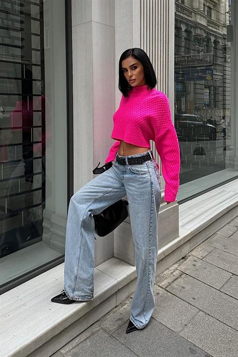 Sabina Sırt Dekolteli Crop Kazak 1270-09 FUŞYA STD
