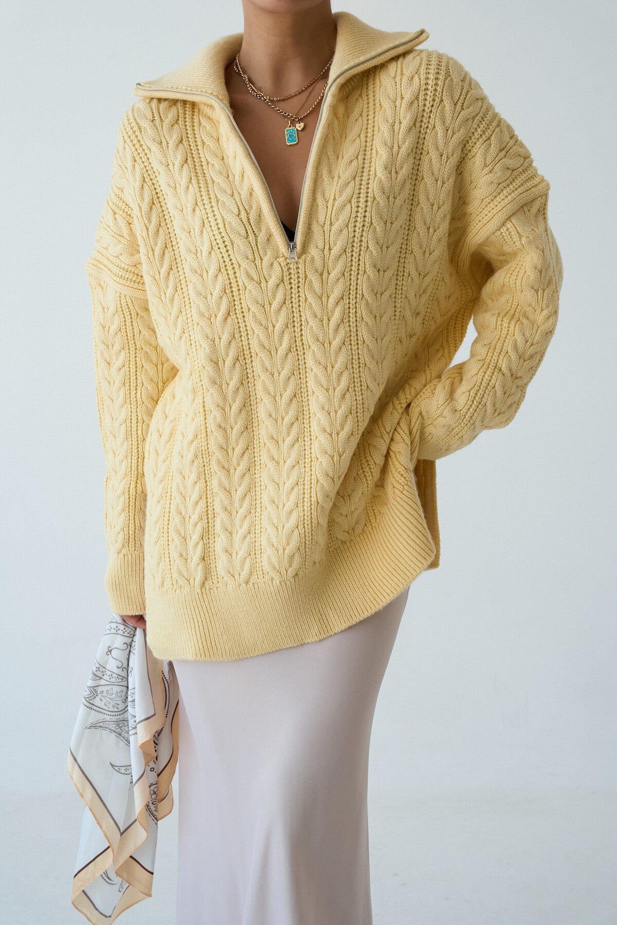 New Yellow Braided Zipper Sweater