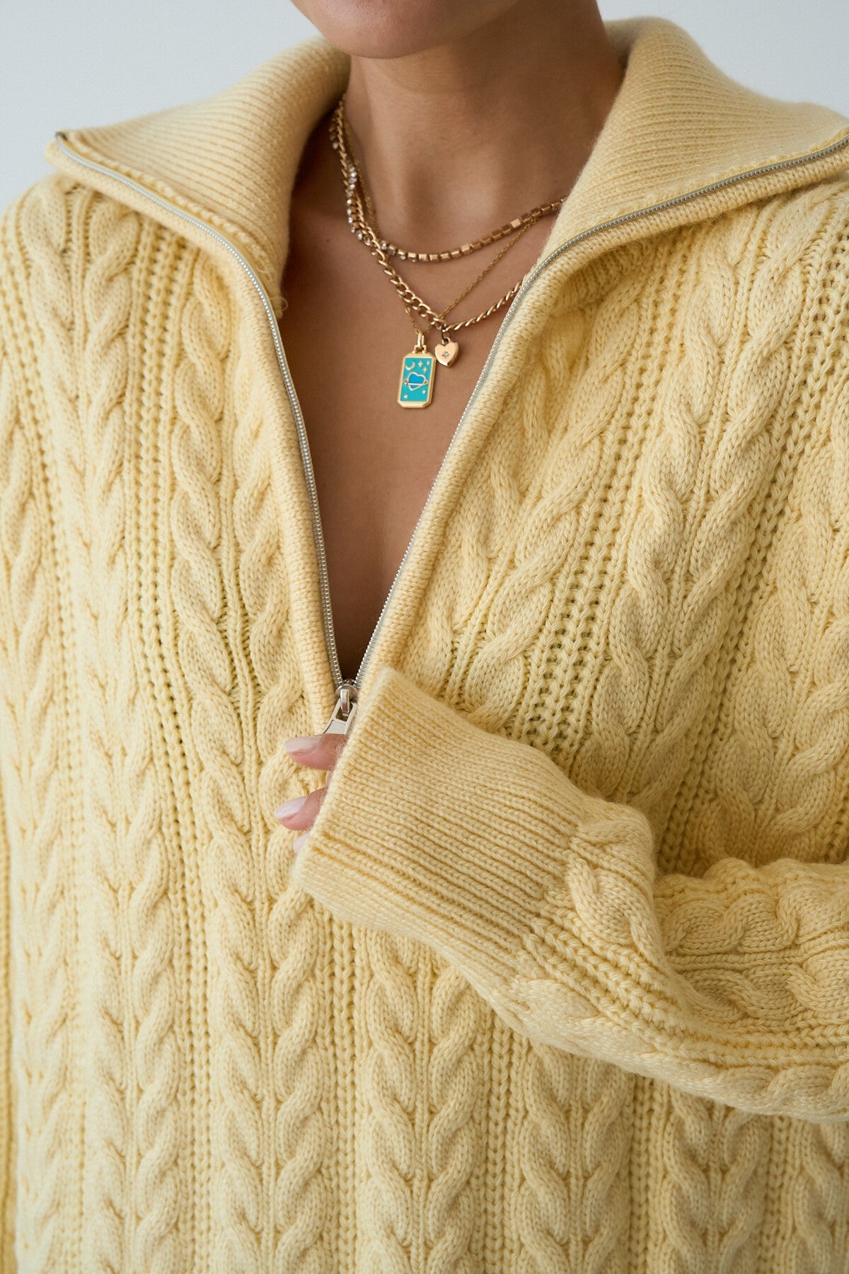 New Yellow Braided Zipper Sweater