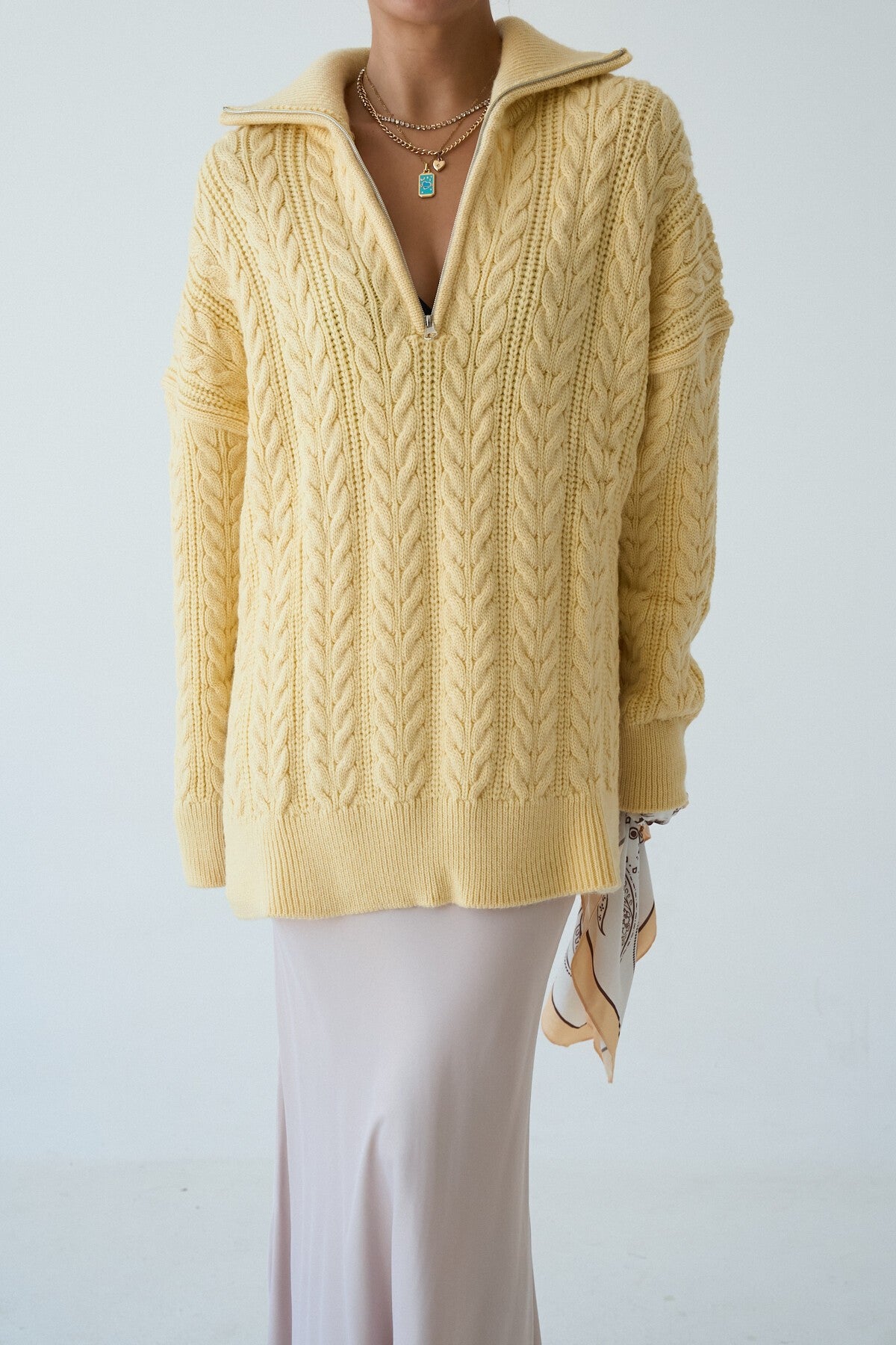 New Yellow Braided Zipper Sweater