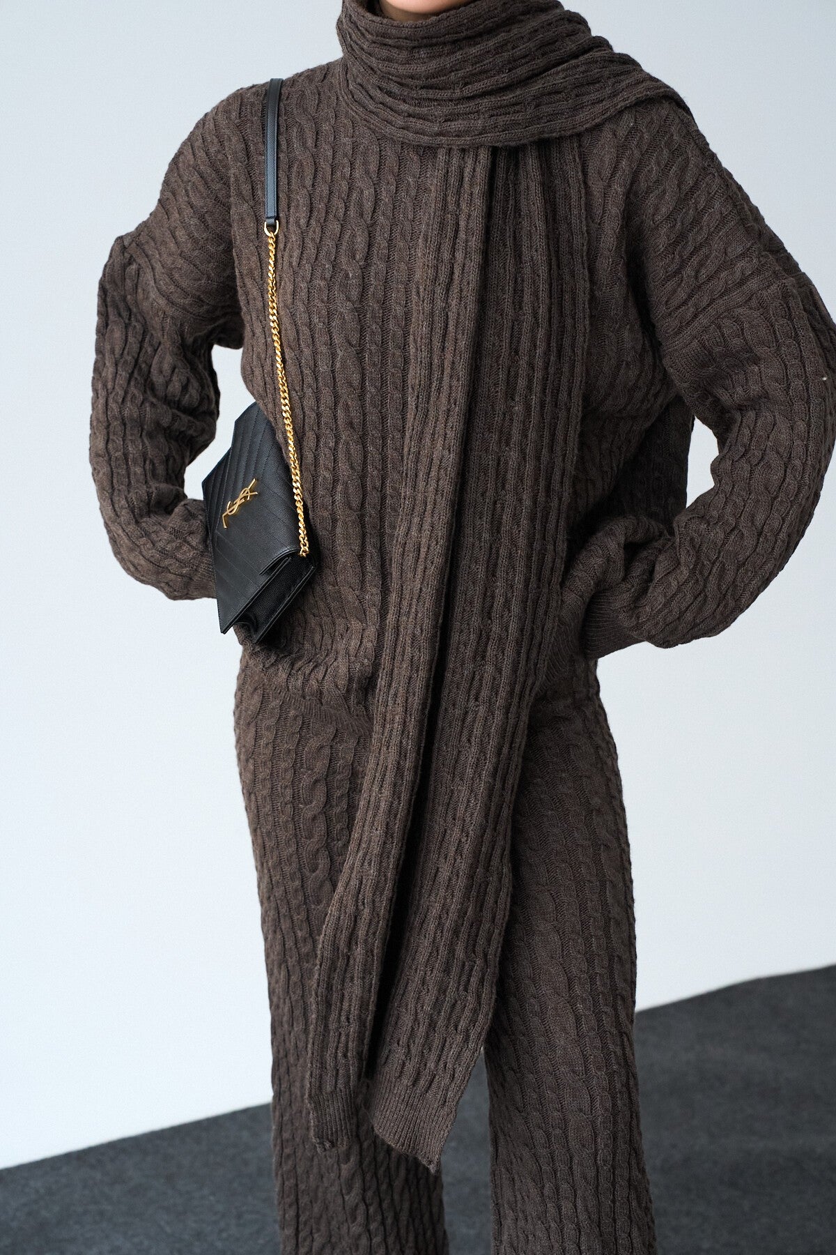 Coffee Melange Braided Trousers Set
