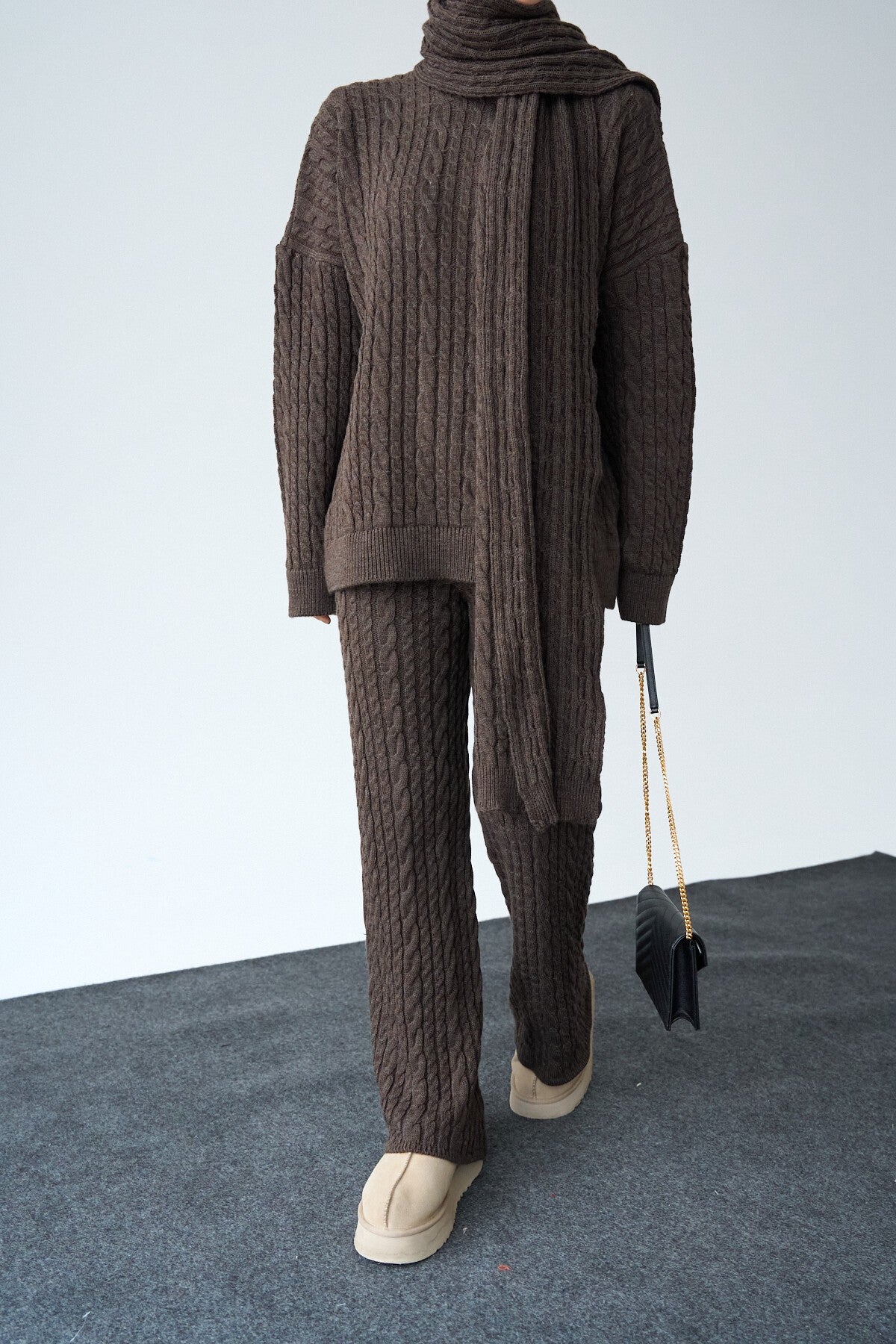 Coffee Melange Braided Trousers Set
