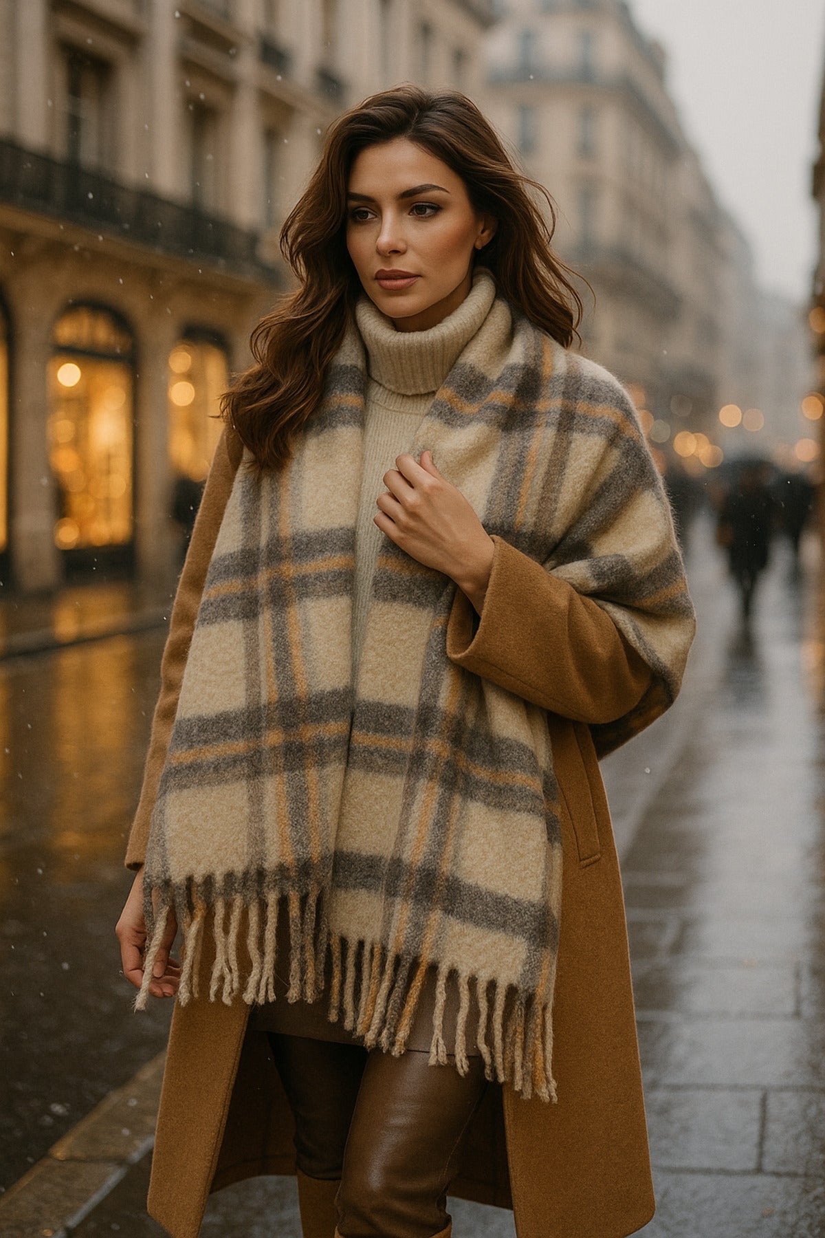 Kadın Bej Ekose Desenli Atkı-Şal SAL1297
