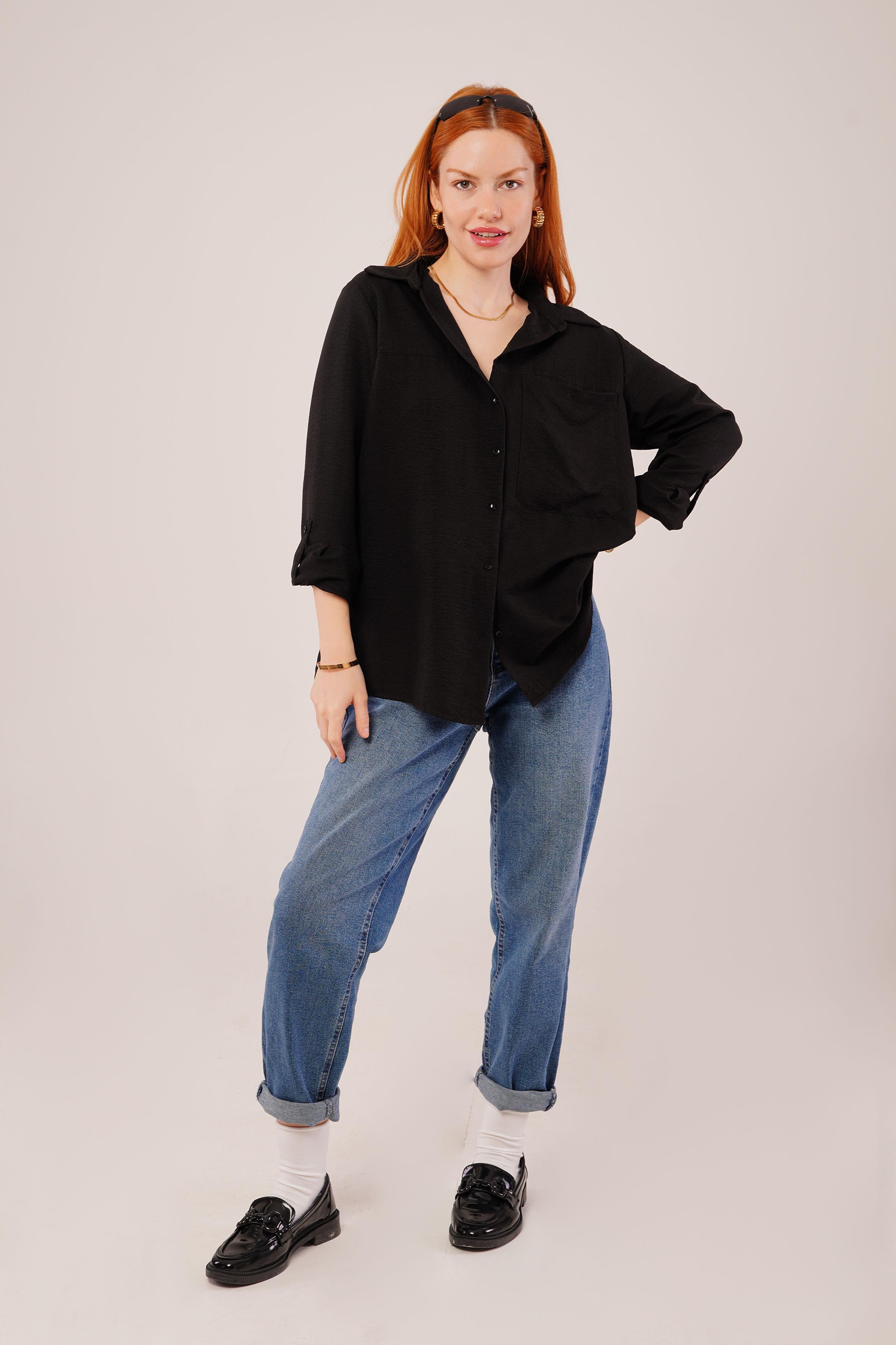 Salaş Kesim Cepli Toptan Siyah Gömlek