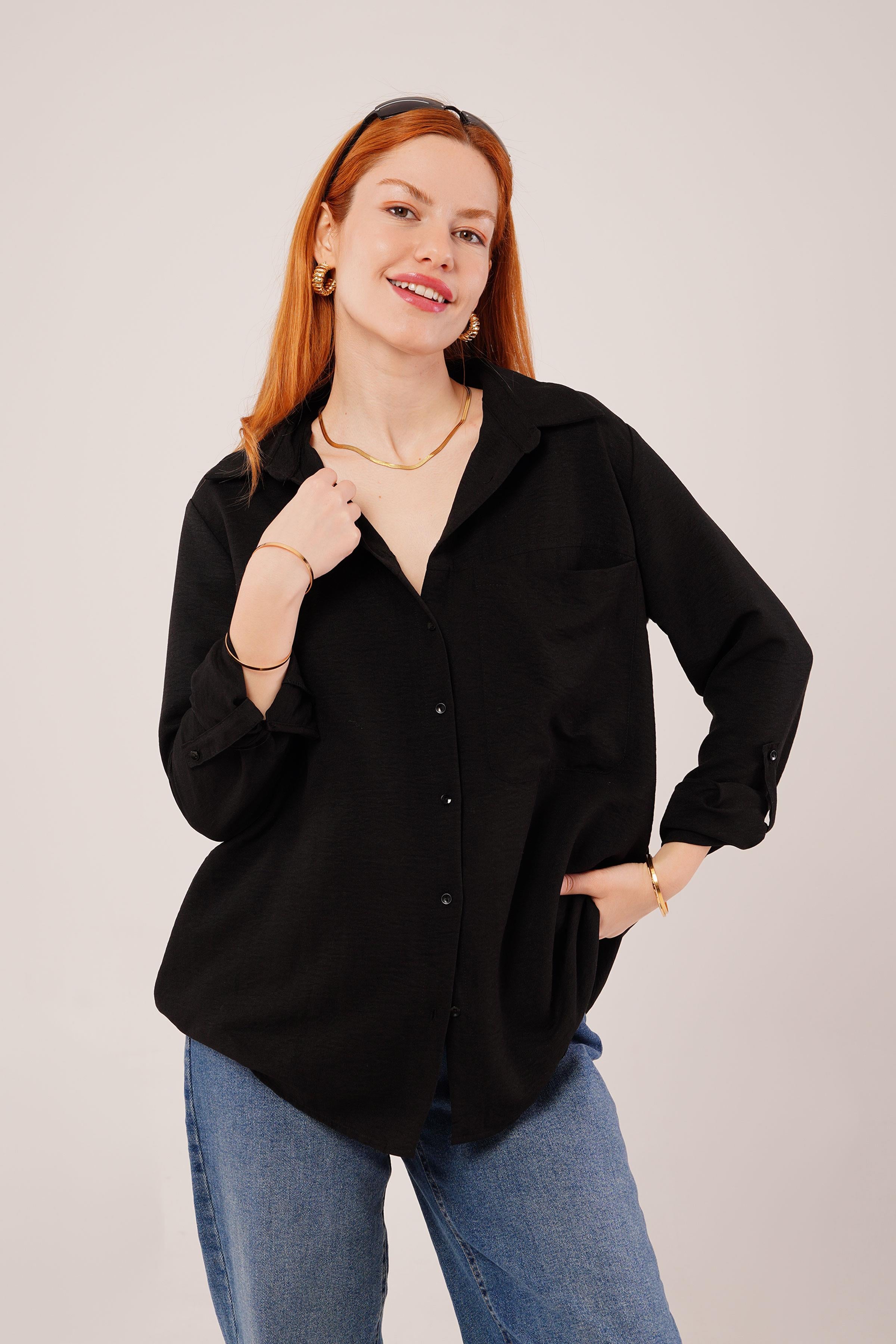 Salaş Kesim Cepli Toptan Siyah Gömlek Siyah S