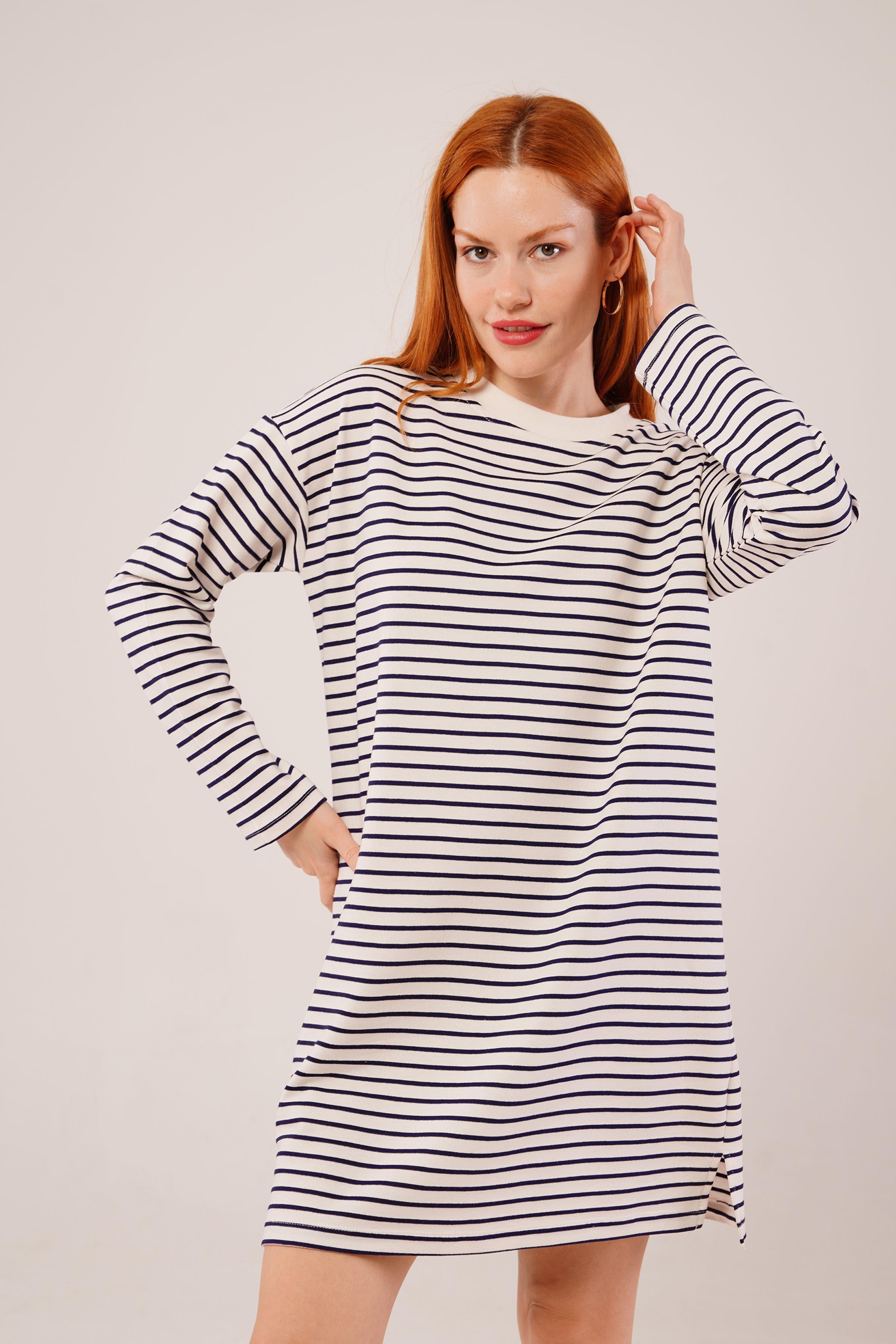 Salaş Kesim Çizgili Uzun Lacivert Toptan Sweatshirt