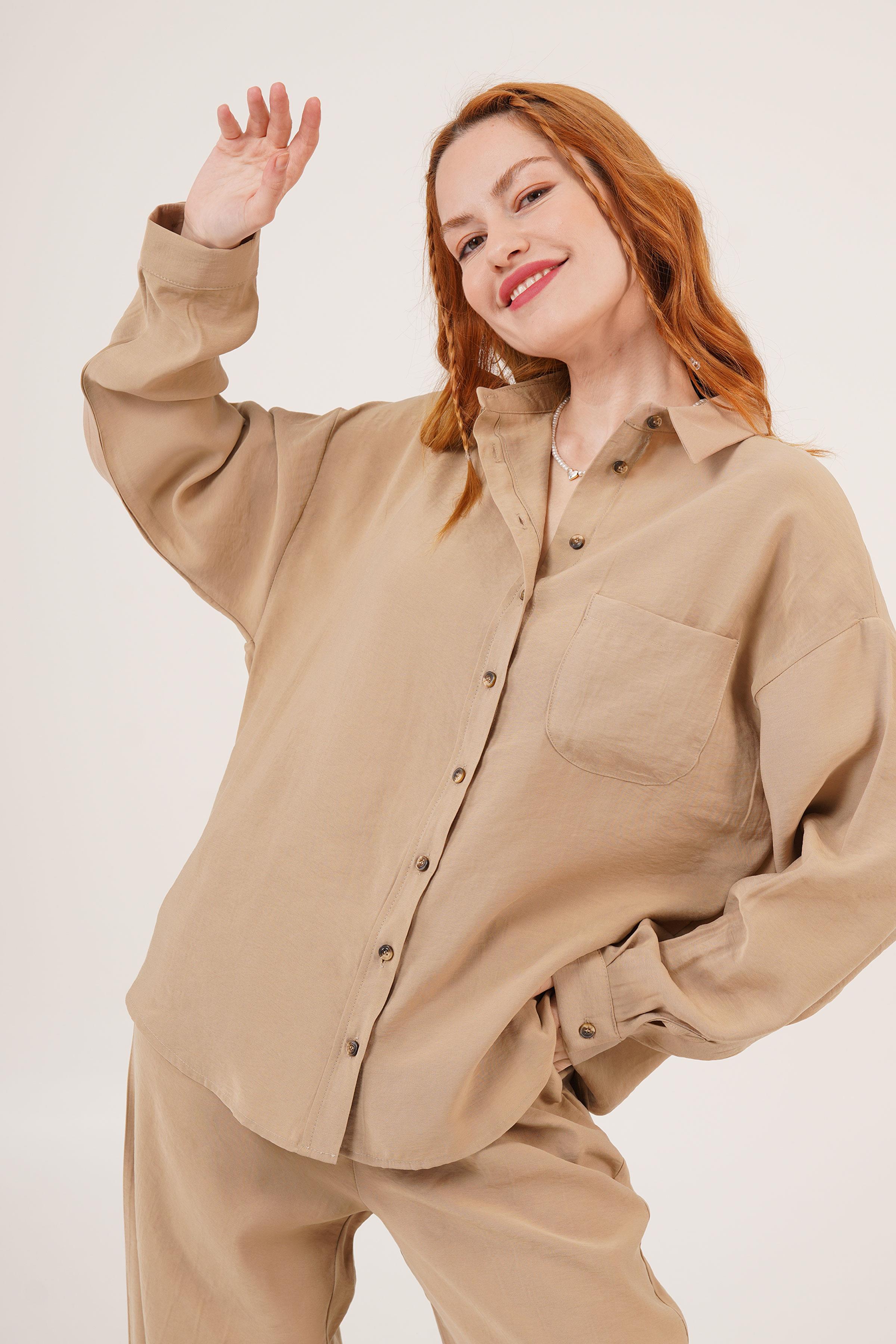 Salaş Model Düşük Omuz Tek Cepli Camel Toptan Gömlek