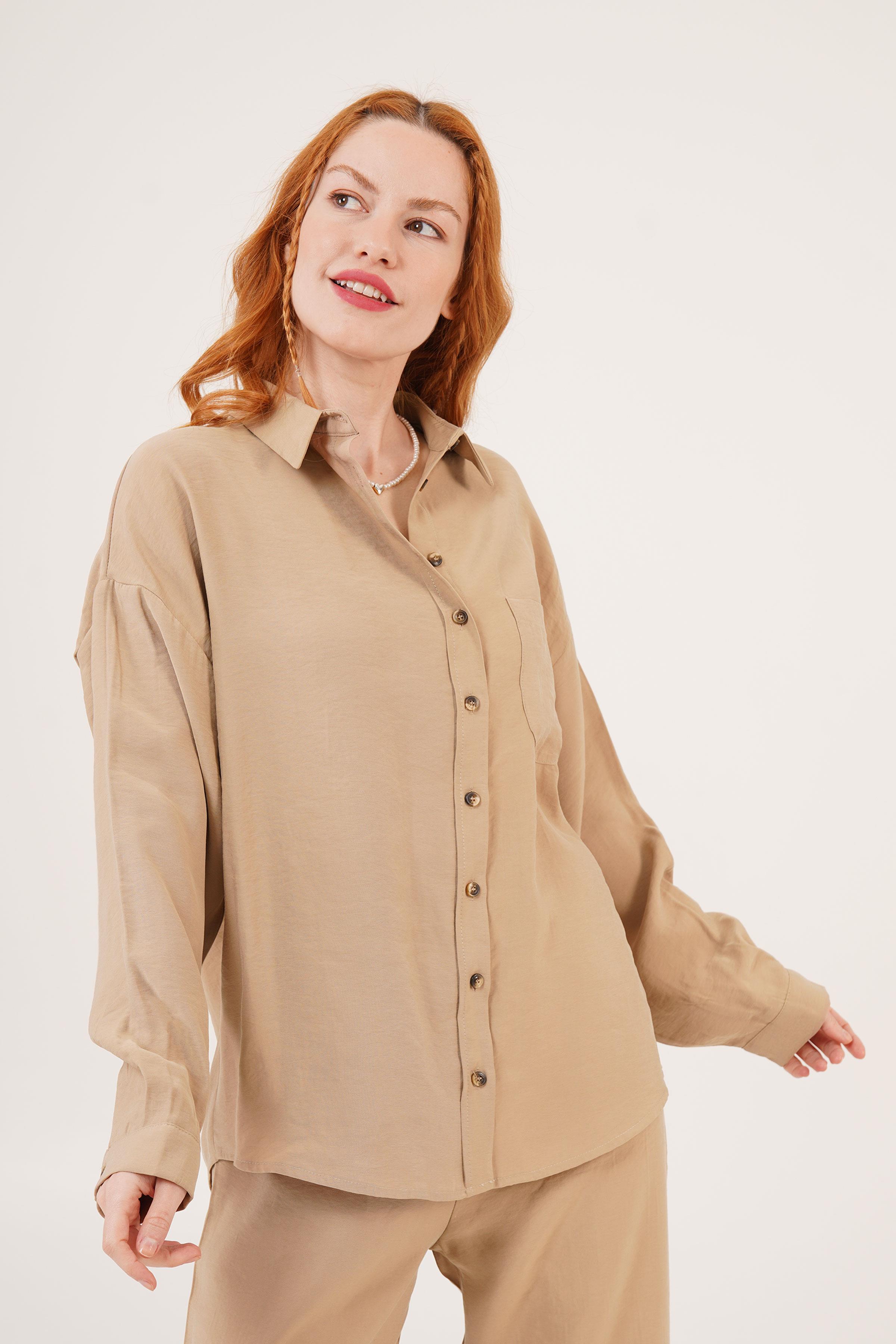 Salaş Model Düşük Omuz Tek Cepli Camel Toptan Gömlek Camel S
