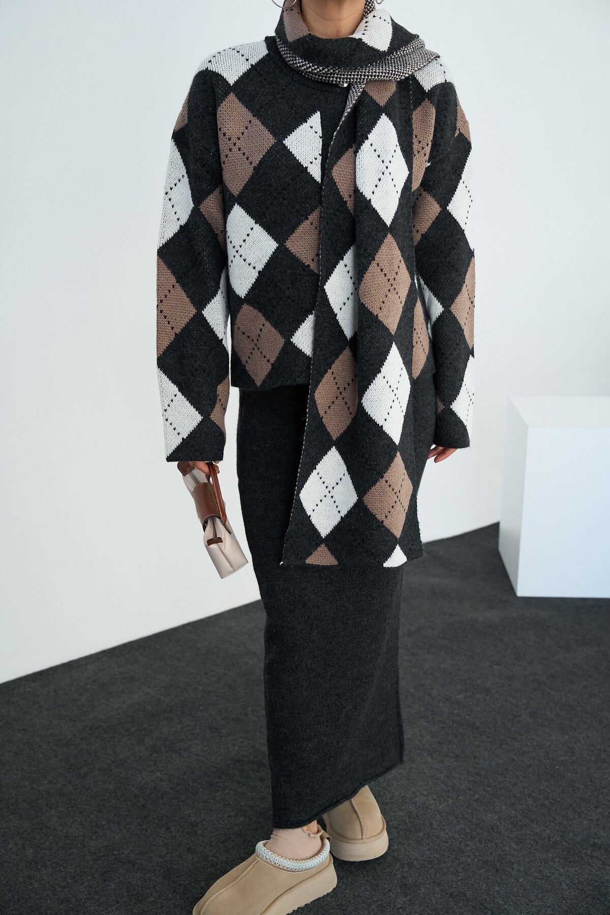Dark Anthracite-Mink Skirt Suit with Shawl