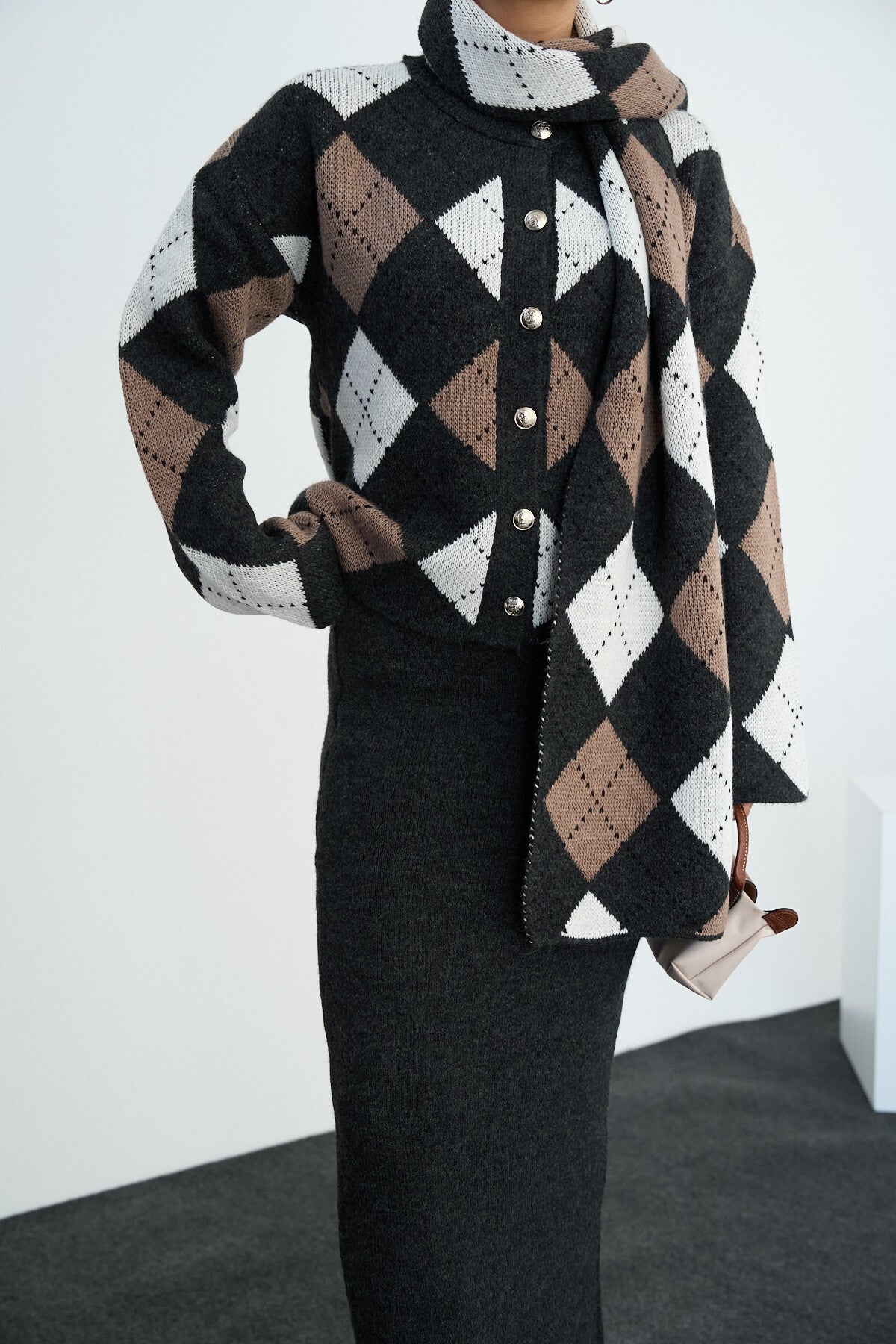 Dark Anthracite-Mink Skirt Suit with Shawl