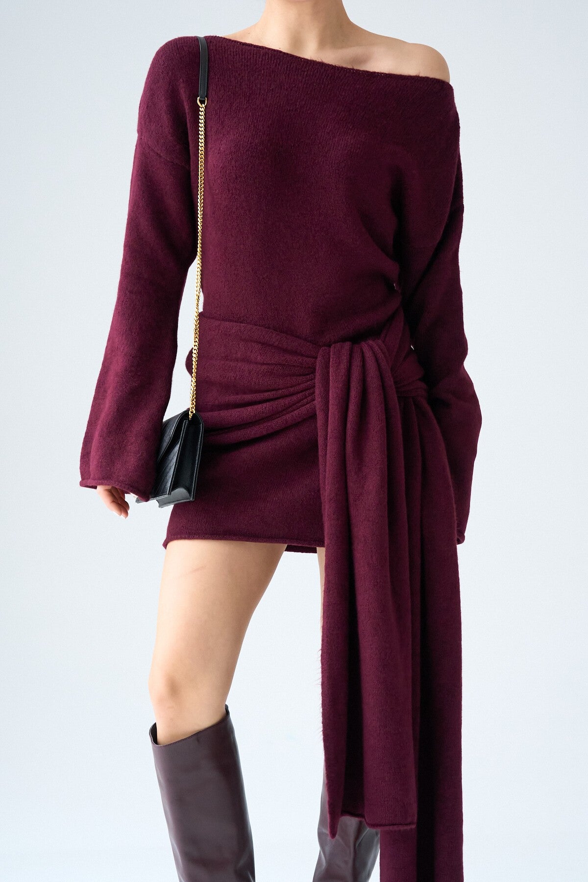 Bordo Şallı Triko Elbise